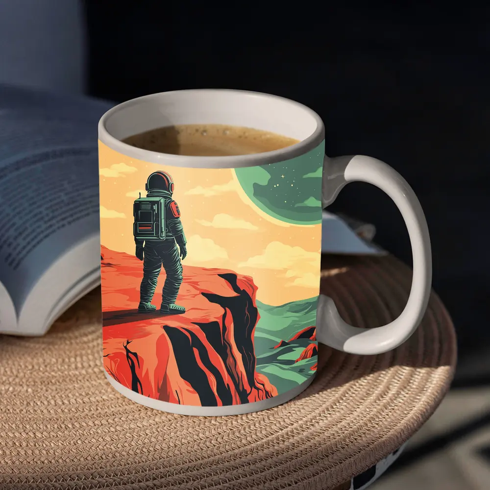 Astronaut Standing On Red Planet Cliff – Mugs