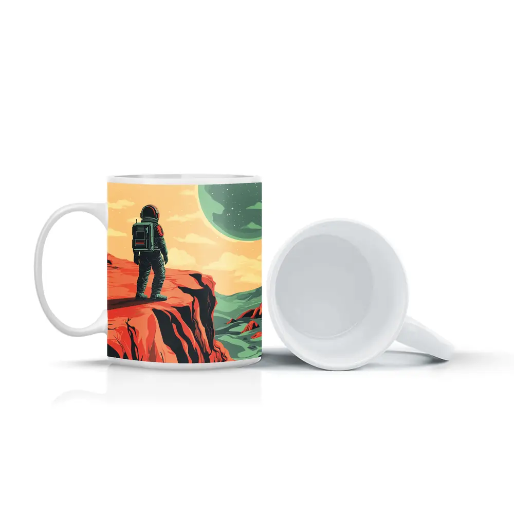 Astronaut Standing On Red Planet Cliff – Mugs