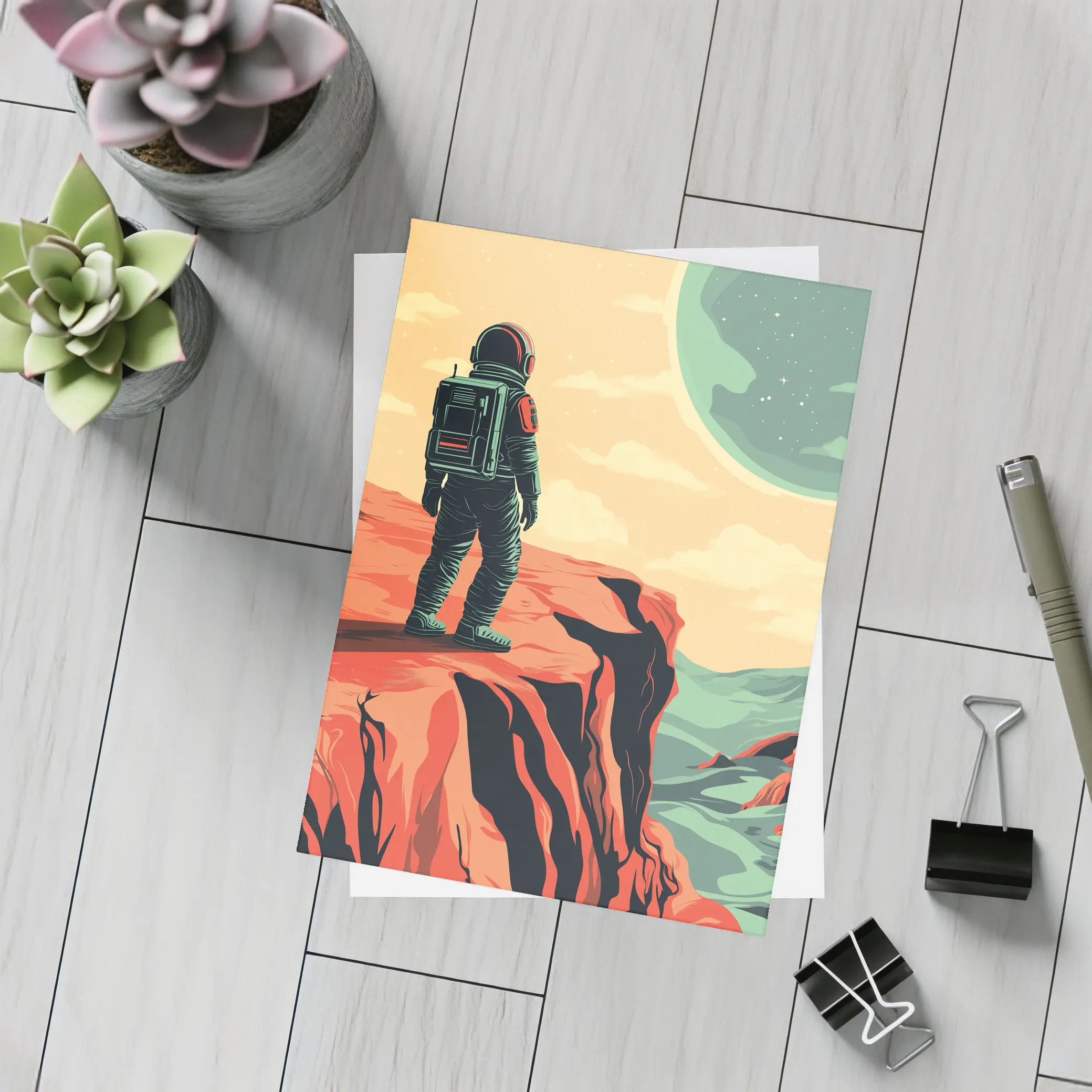 Astronaut Standing On Red Planet Cliff – Postcards