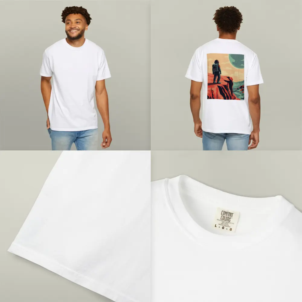 Astronaut Standing On Red Planet Cliff – T-Shirts