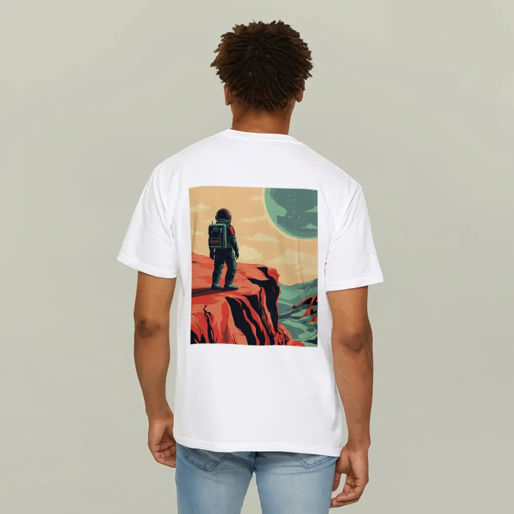 Astronaut Standing On Red Planet Cliff – T-Shirts