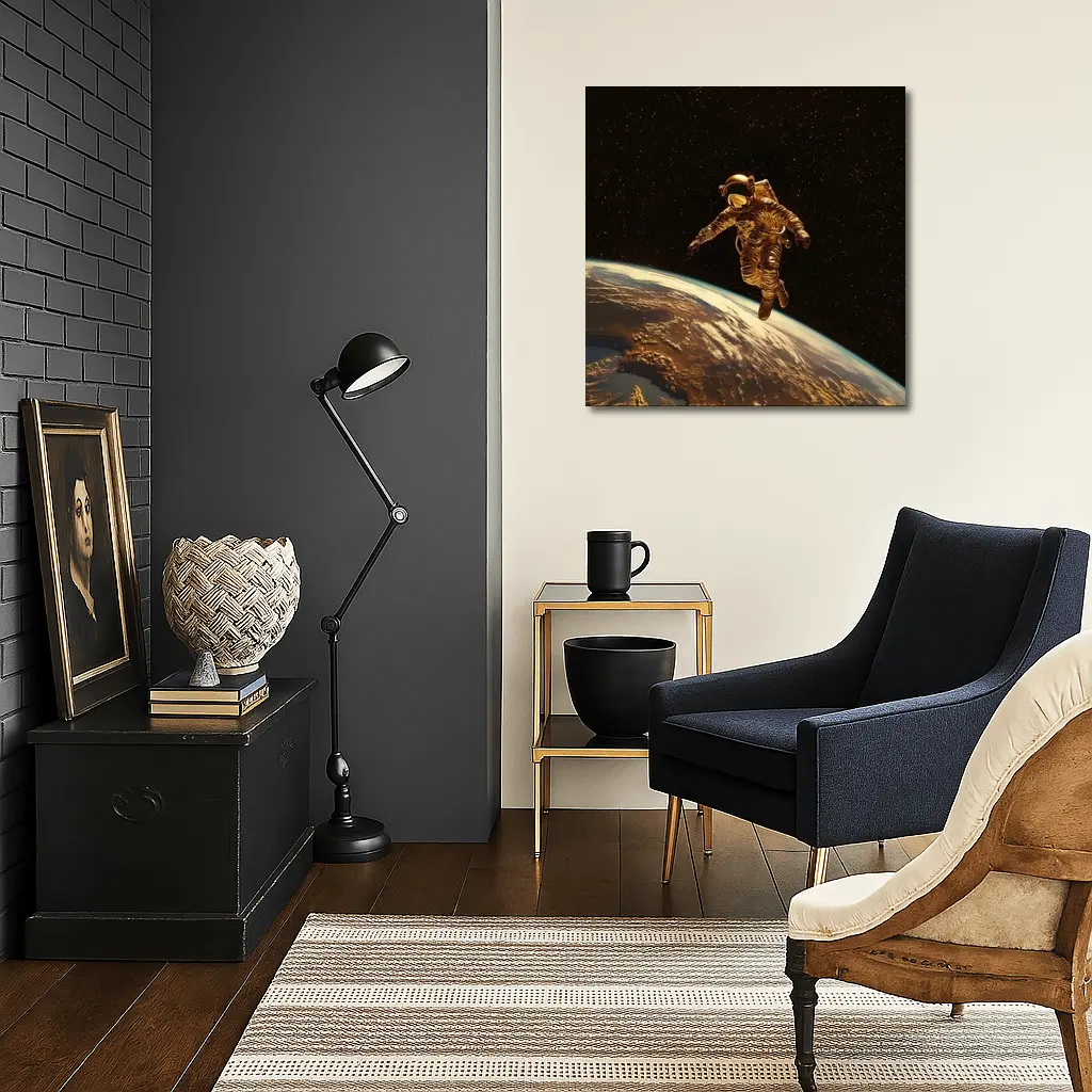Gold Astronaut Floating Above Earth Stars – Wall Art
