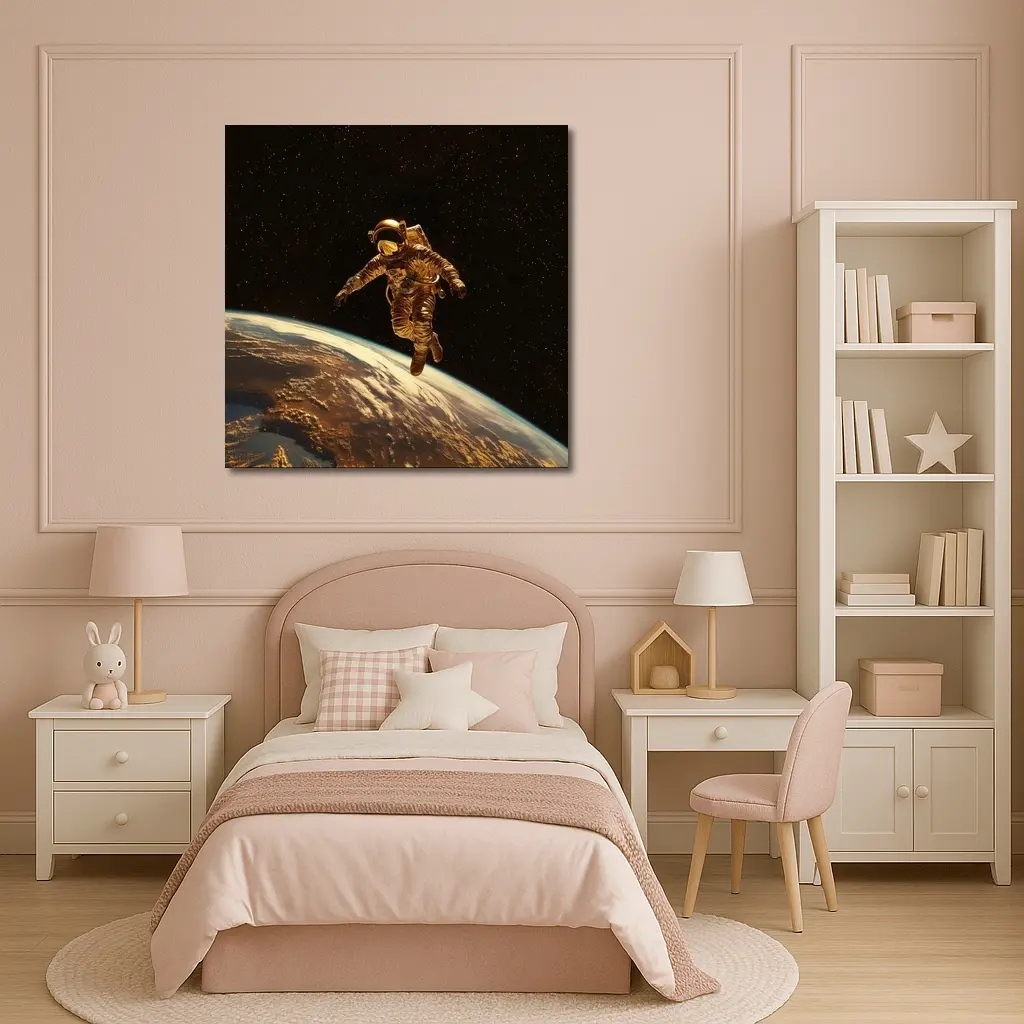 Gold Astronaut Floating Above Earth Stars – Wall Art