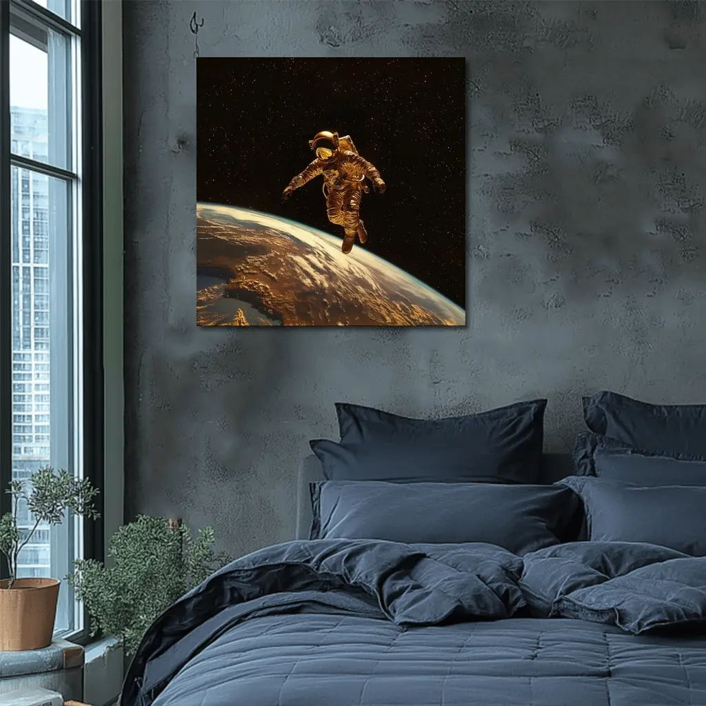 Gold Astronaut Floating Above Earth Stars – Wall Art