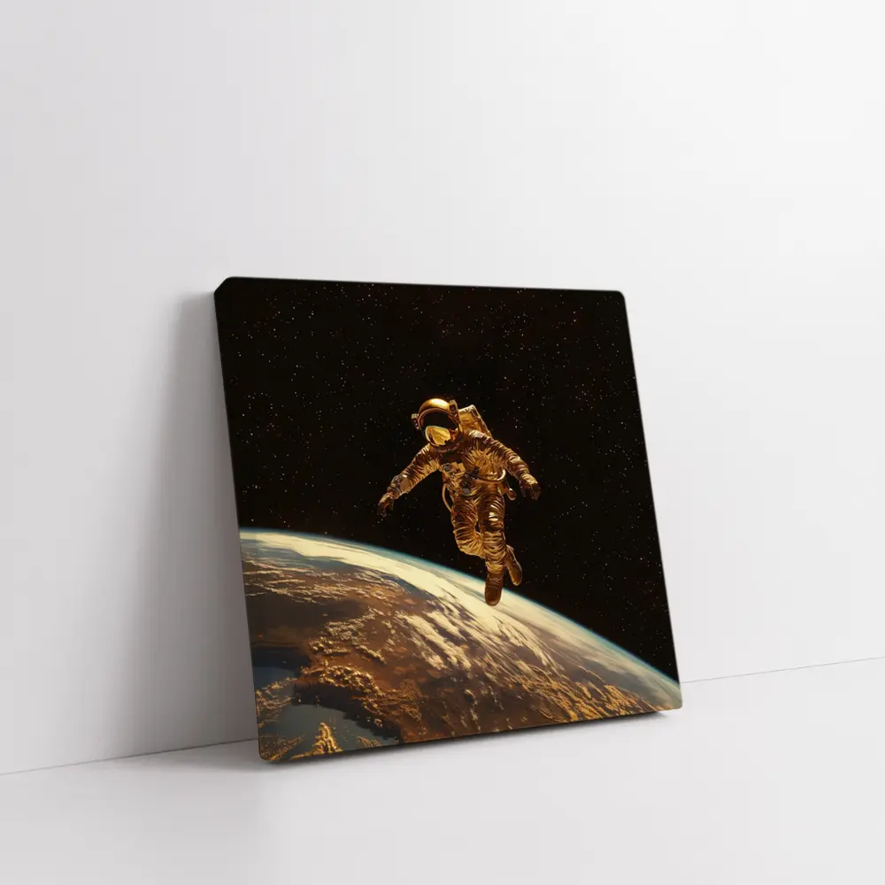 Gold Astronaut Floating Above Earth Stars – Wall Art