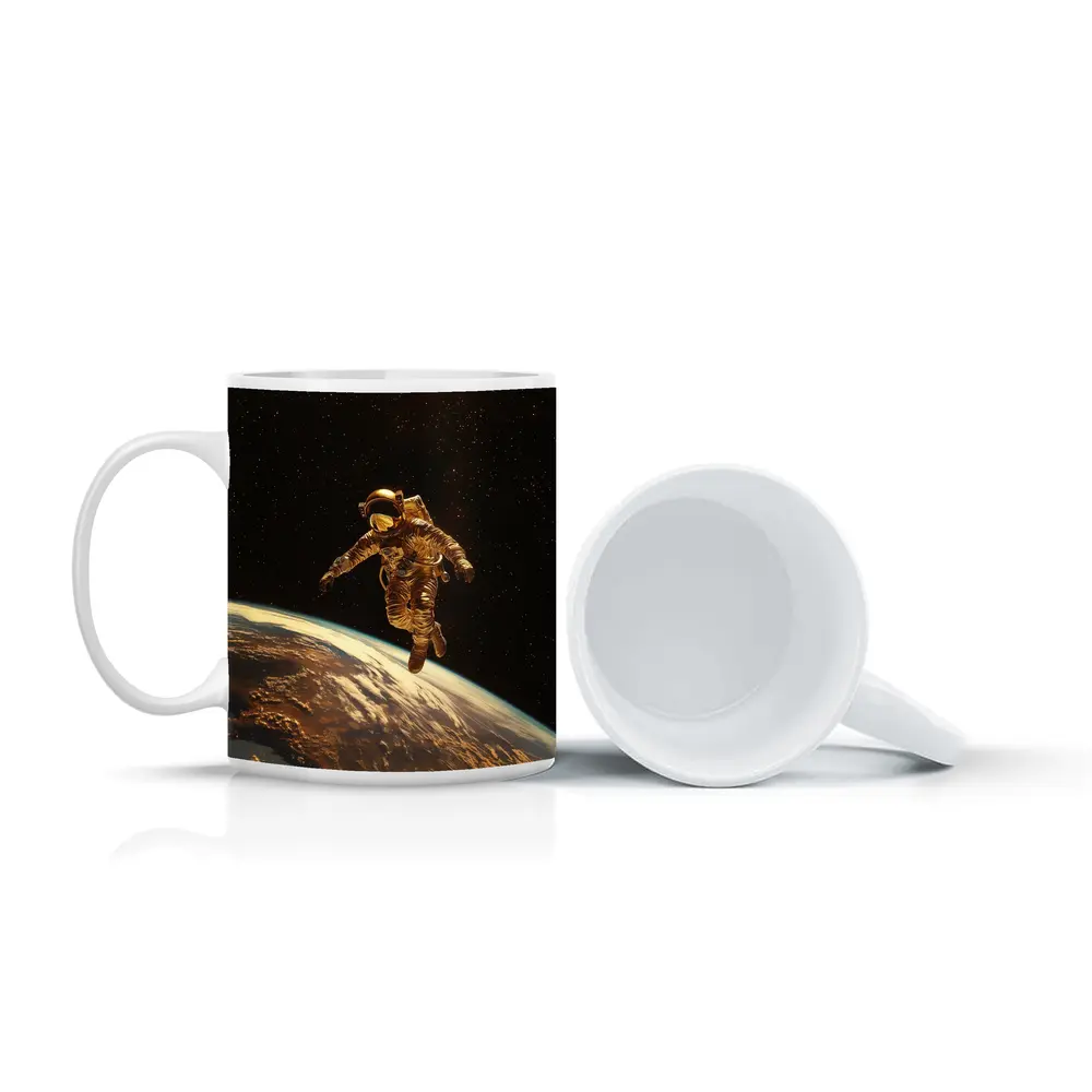 Gold Astronaut Floating Above Earth Stars – Mugs