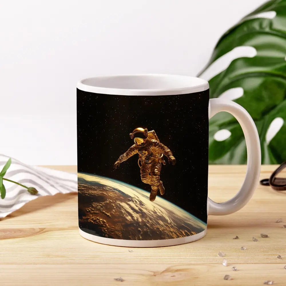 Gold Astronaut Floating Above Earth Stars – Mugs