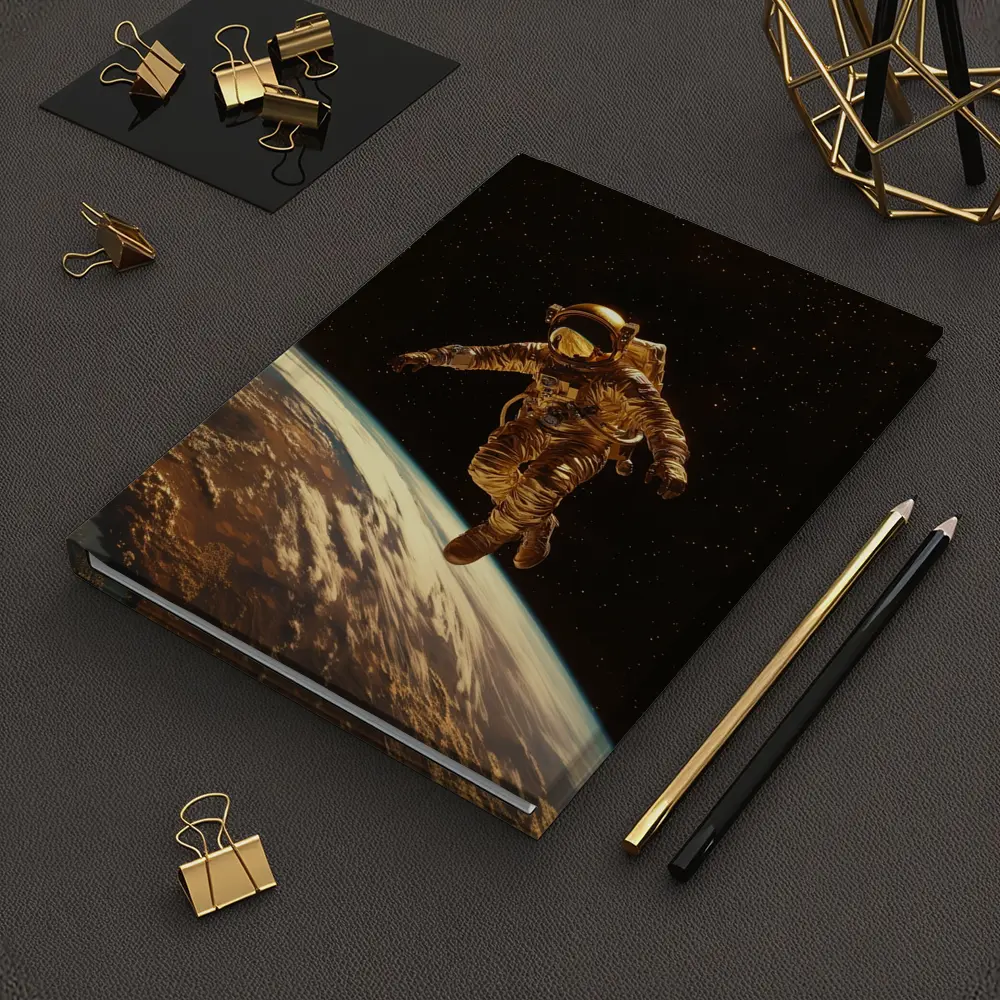 Gold Astronaut Floating Above Earth Stars – Notebooks