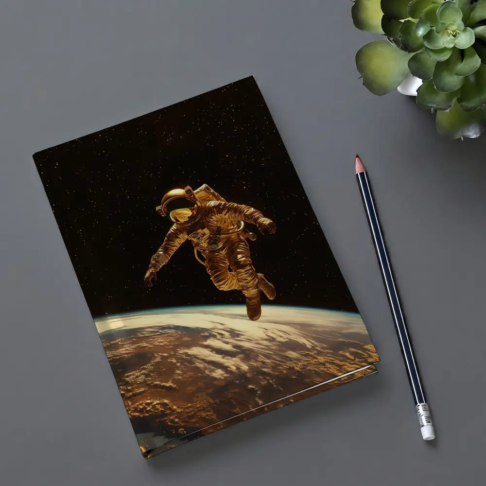 Gold Astronaut Floating Above Earth Stars – Notebooks