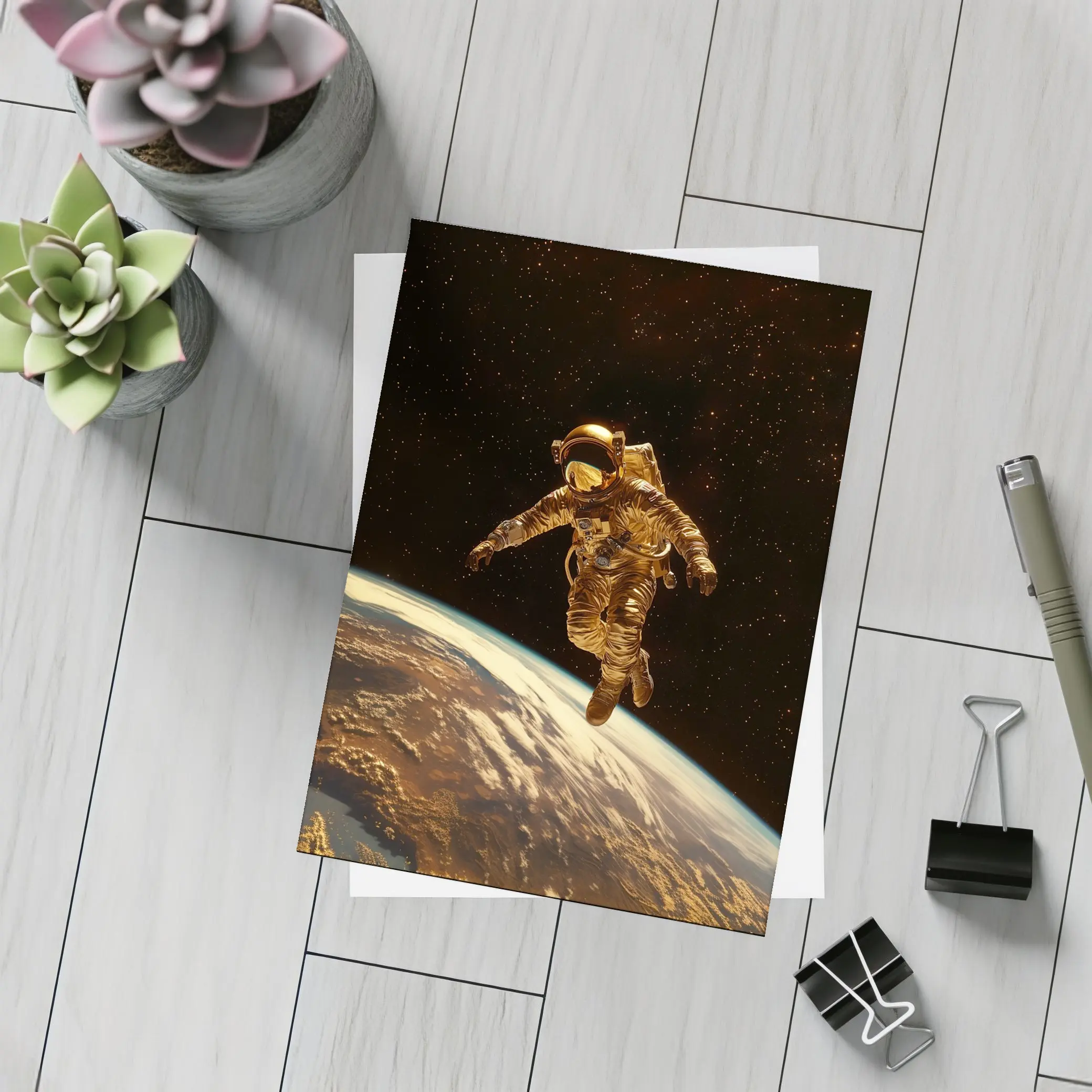 Gold Astronaut Floating Above Earth Stars – Postcards