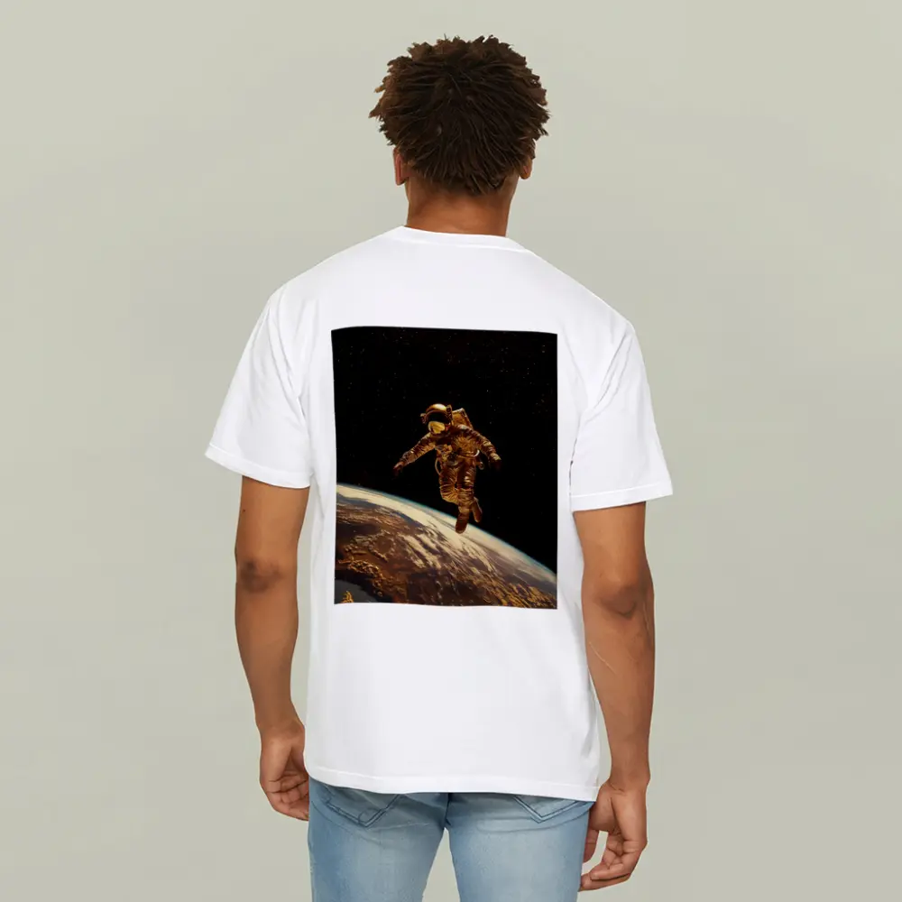 Gold Astronaut Floating Above Earth Stars – T-Shirts