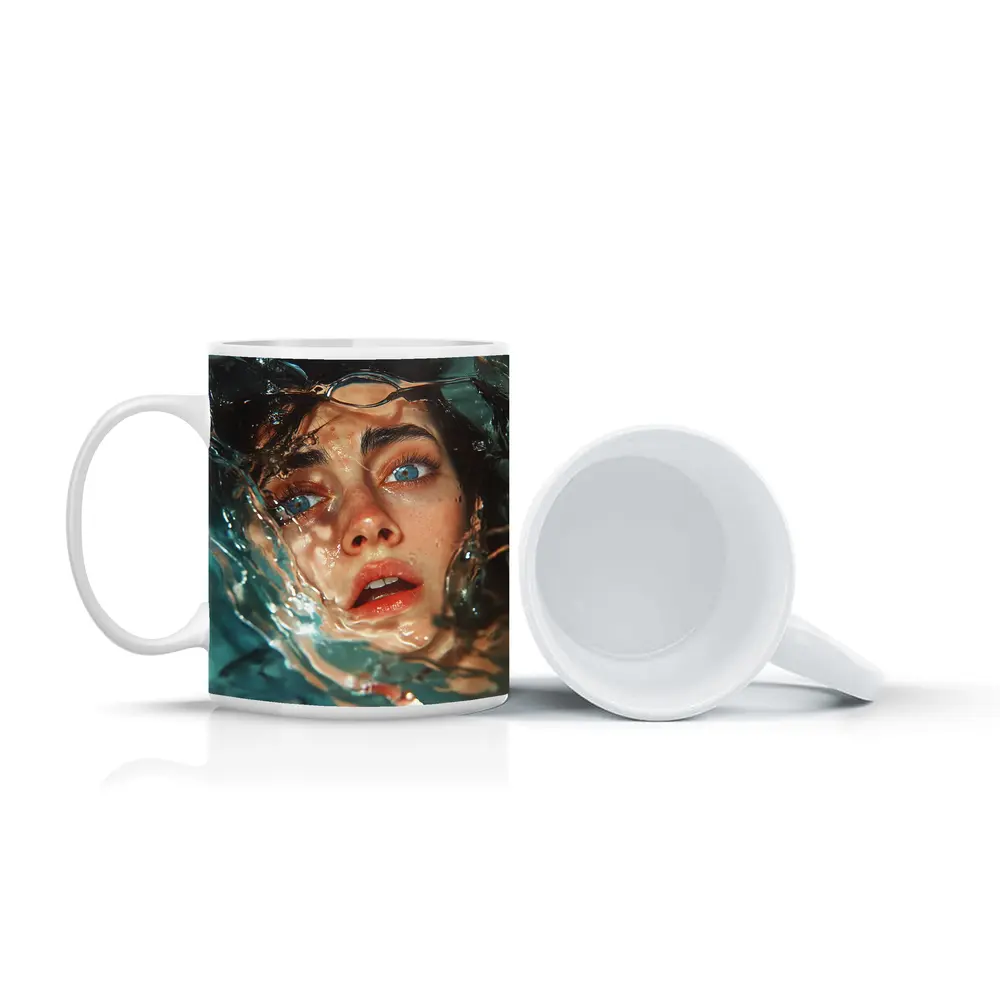 Woman Emerging From Blue Water Portrait – Mugs