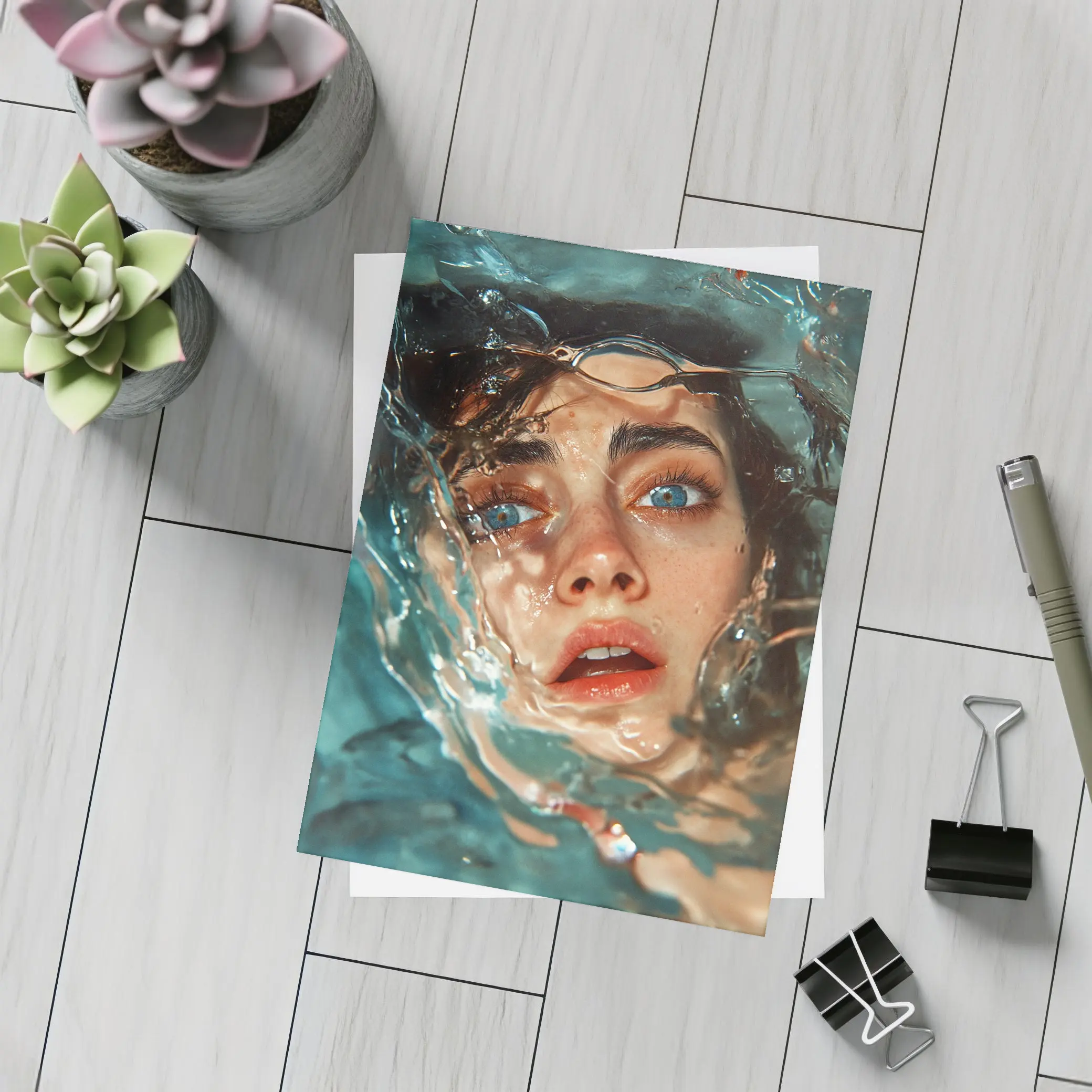 Woman Emerging From Blue Water Portrait – Postcards