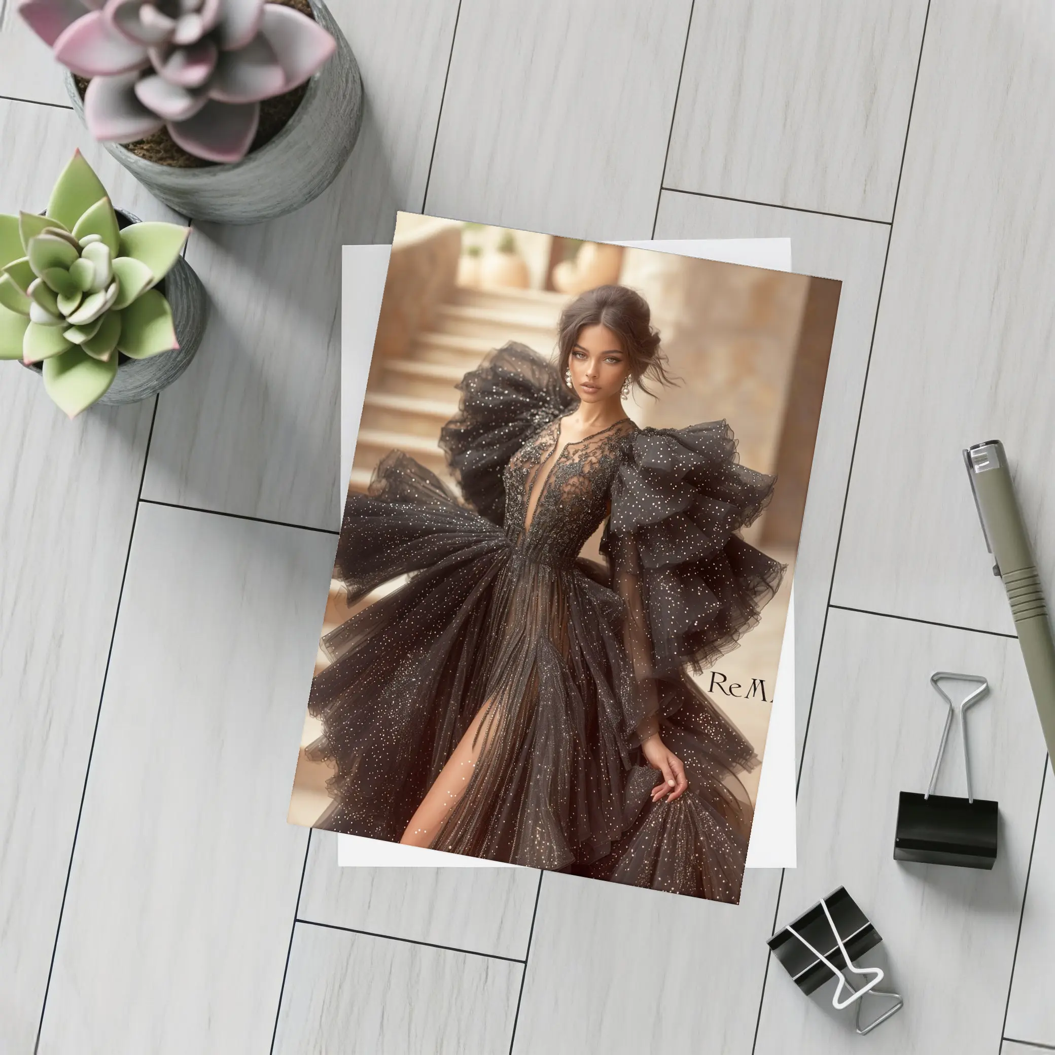 Black Glitter Tulle Gown Woman Portrait – Postcards