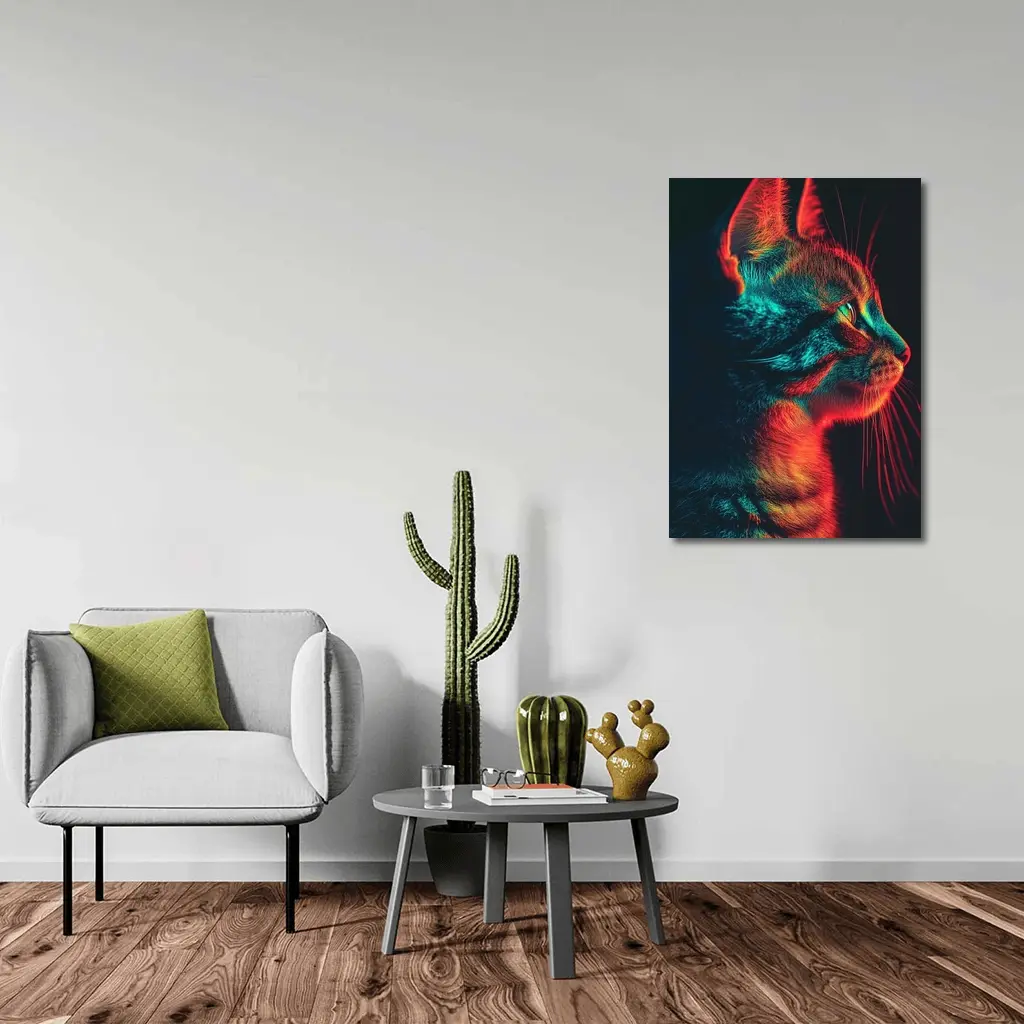 Neon Lit Kitten Dark Background Portrait – Wall Art