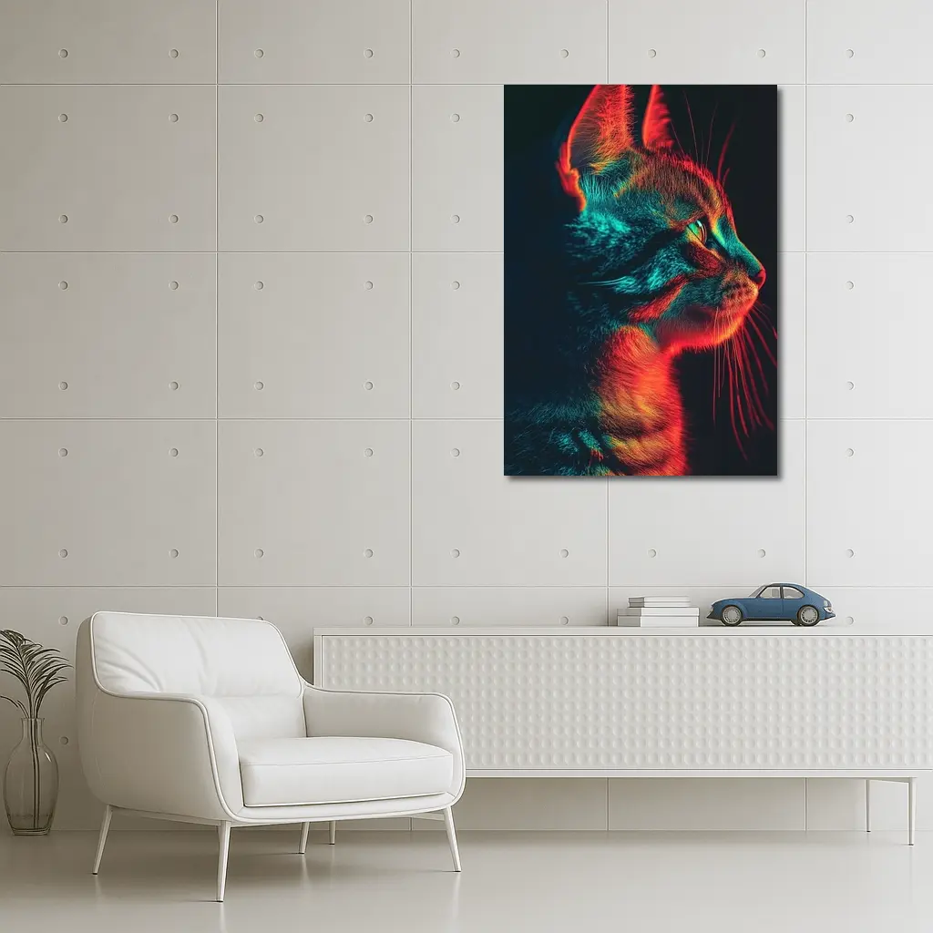 Neon Lit Kitten Dark Background Portrait – Wall Art