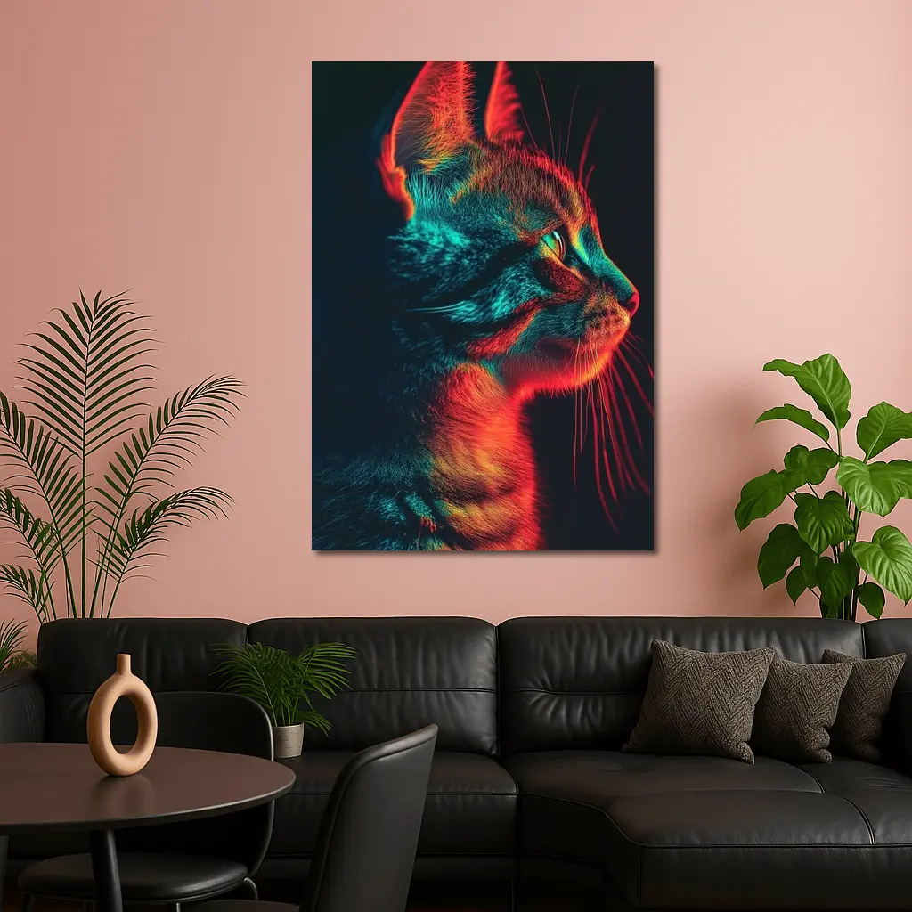 Neon Lit Kitten Dark Background Portrait – Wall Art