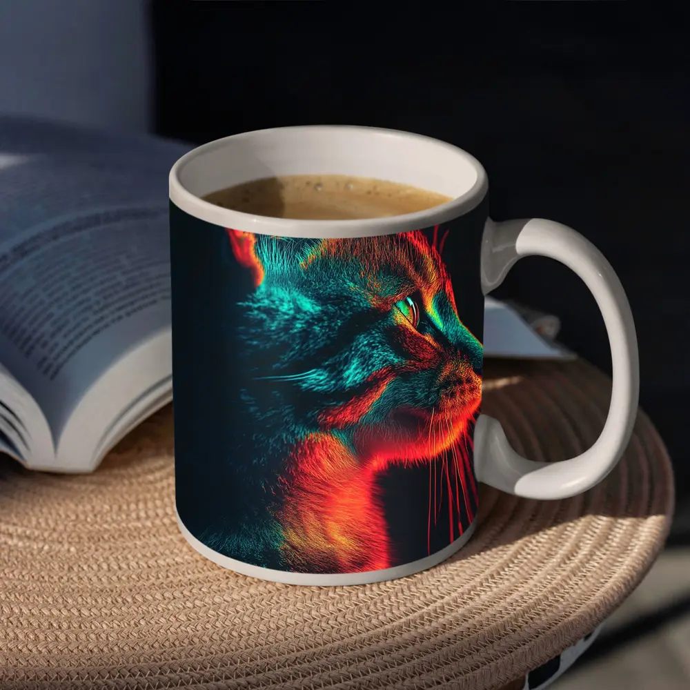 Neon Lit Kitten Dark Background Portrait – Mugs