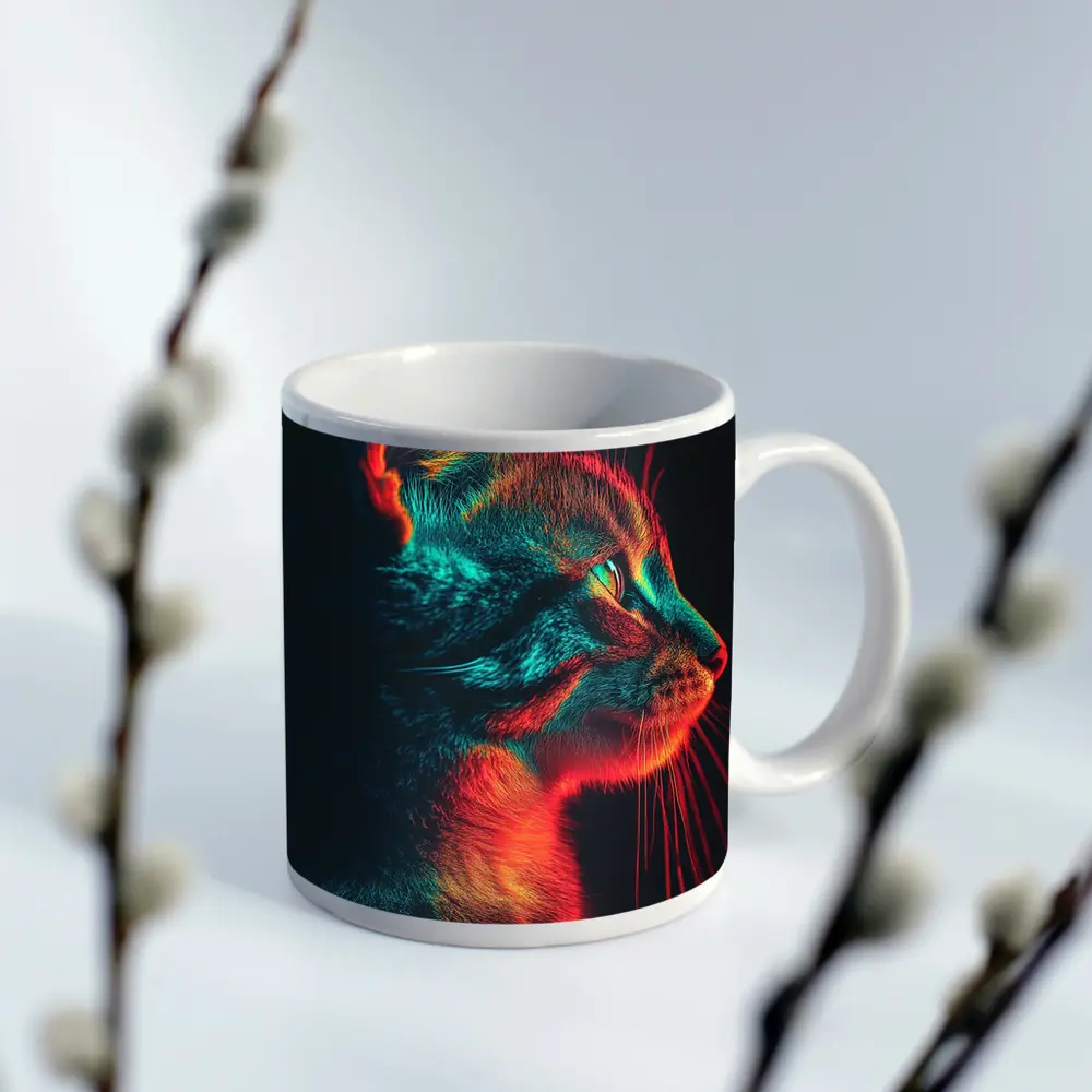 Neon Lit Kitten Dark Background Portrait – Mugs