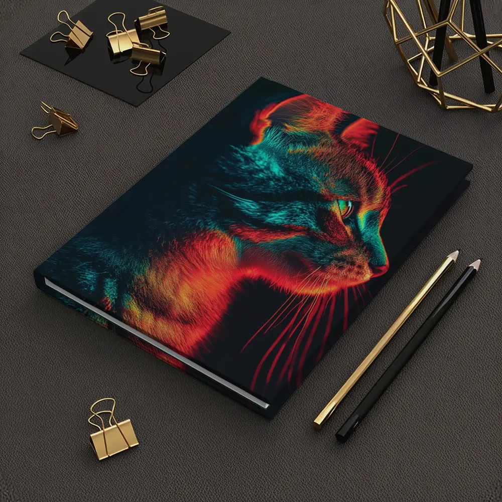 Neon Lit Kitten Dark Background Portrait – Notebooks