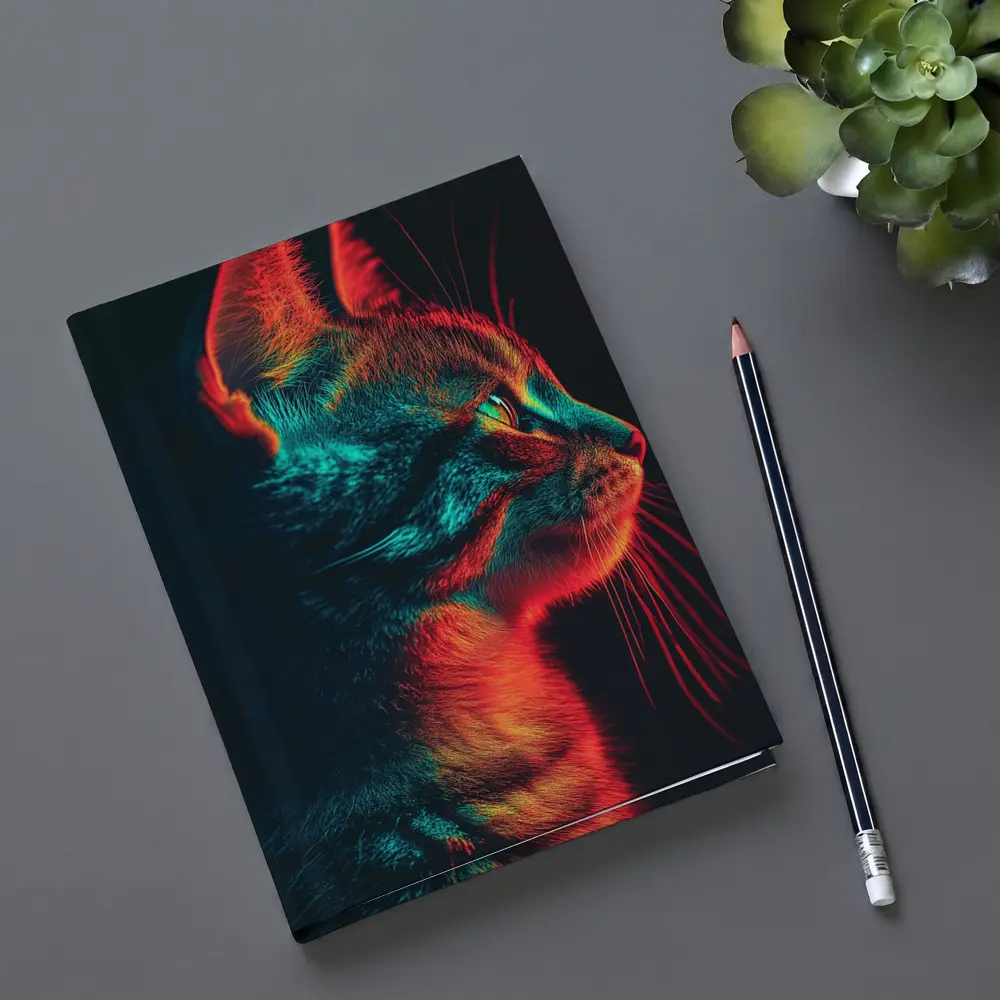 Neon Lit Kitten Dark Background Portrait – Notebooks
