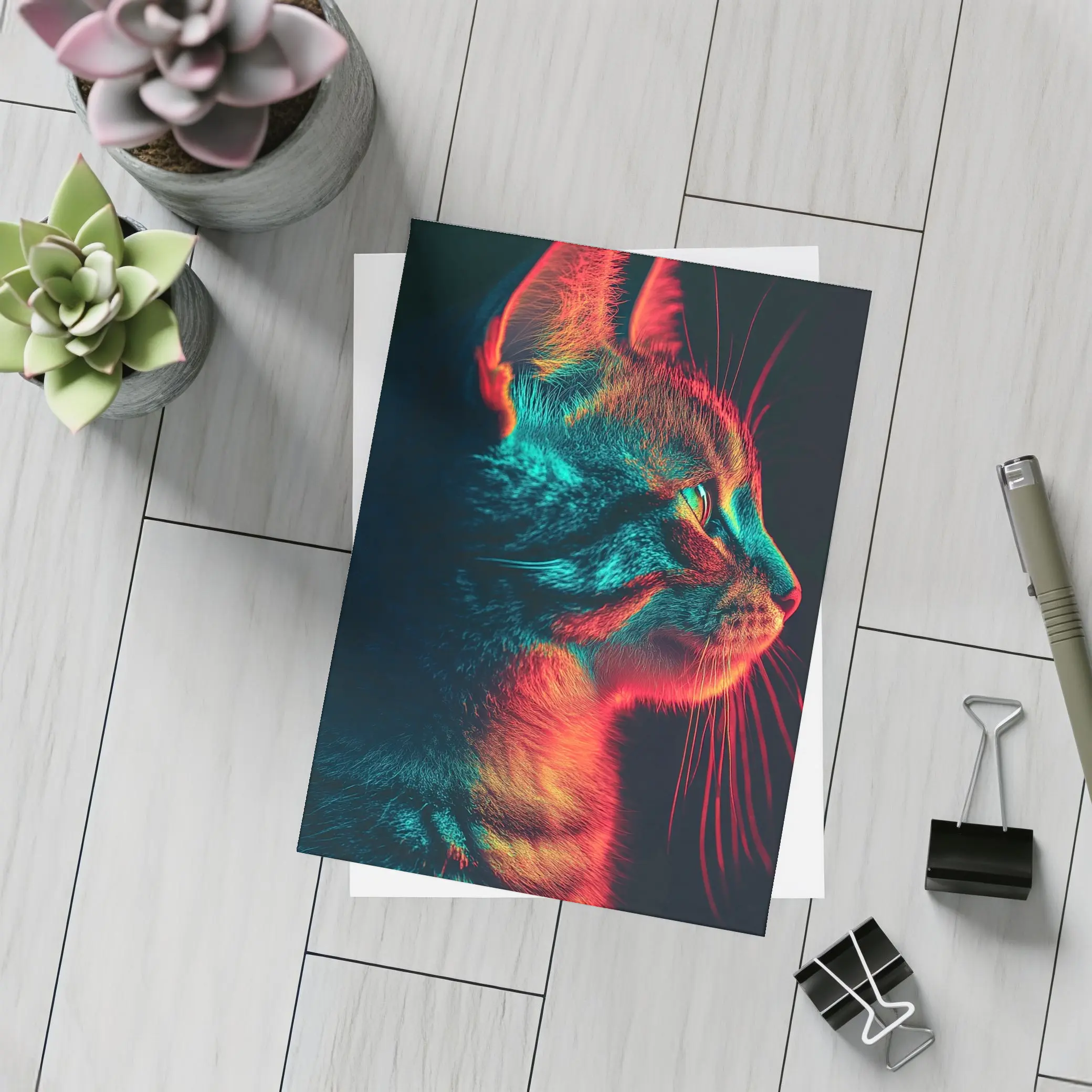 Neon Lit Kitten Dark Background Portrait – Postcards