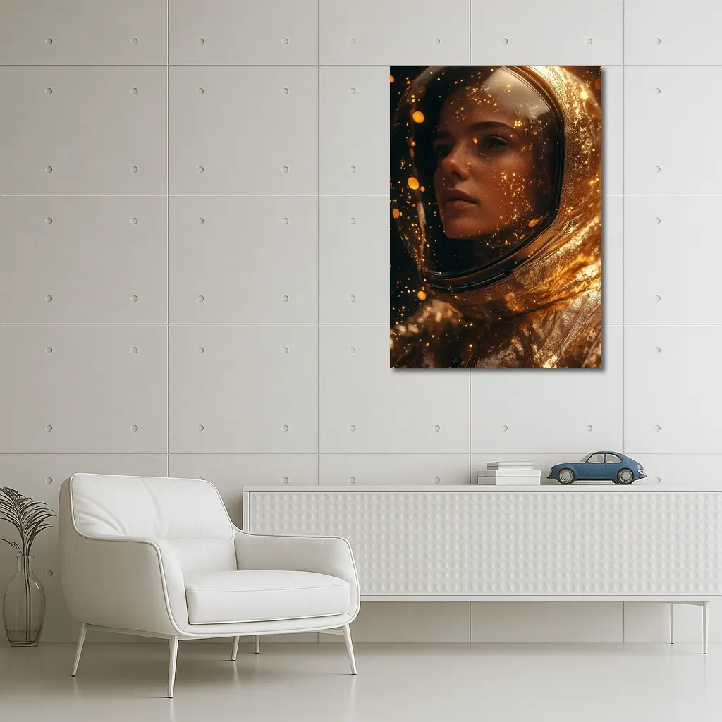 Woman Astronaut Golden Cosmic Glitter Portrait – Wall Art