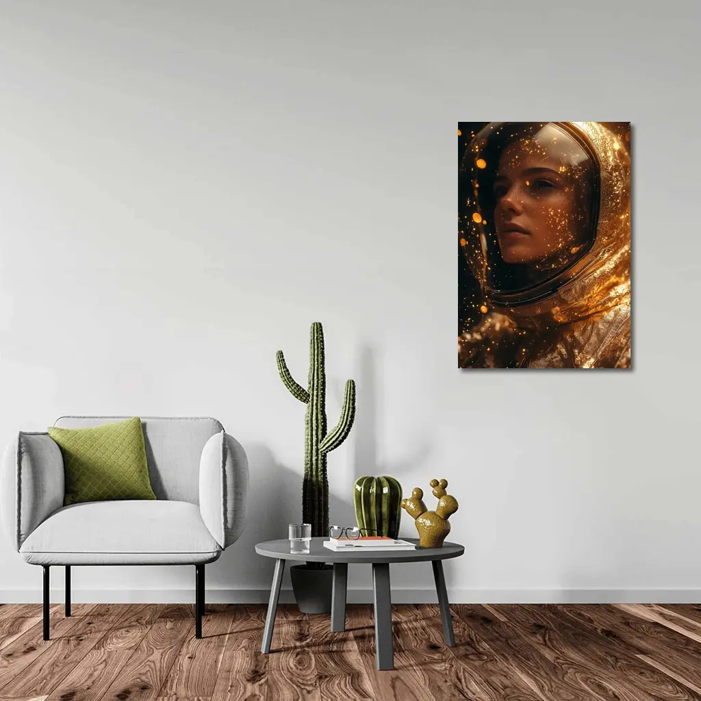 Woman Astronaut Golden Cosmic Glitter Portrait – Wall Art
