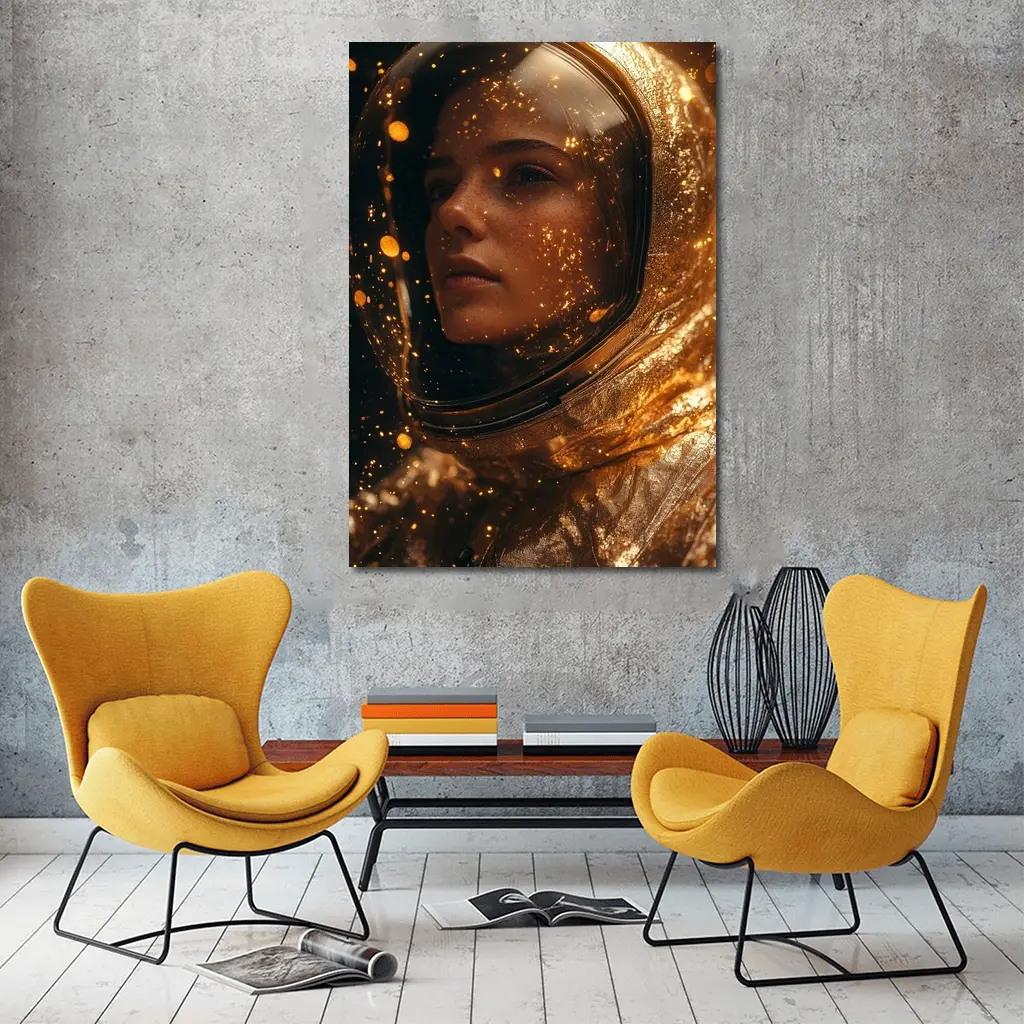 Woman Astronaut Golden Cosmic Glitter Portrait – Wall Art