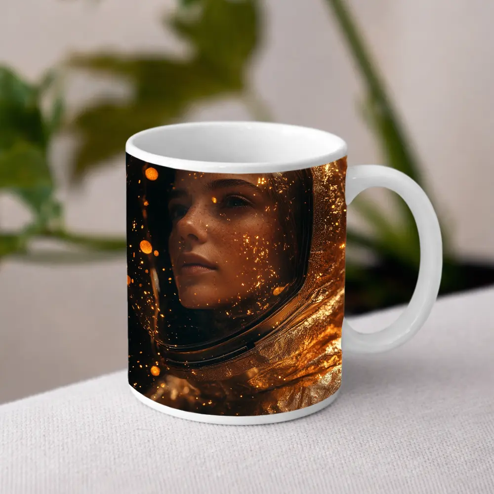Woman Astronaut Golden Cosmic Glitter Portrait – Mugs