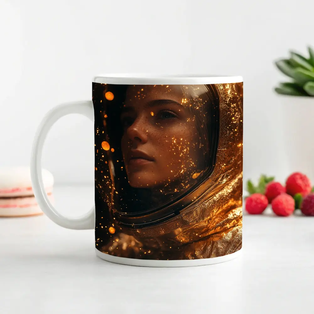 Woman Astronaut Golden Cosmic Glitter Portrait – Mugs