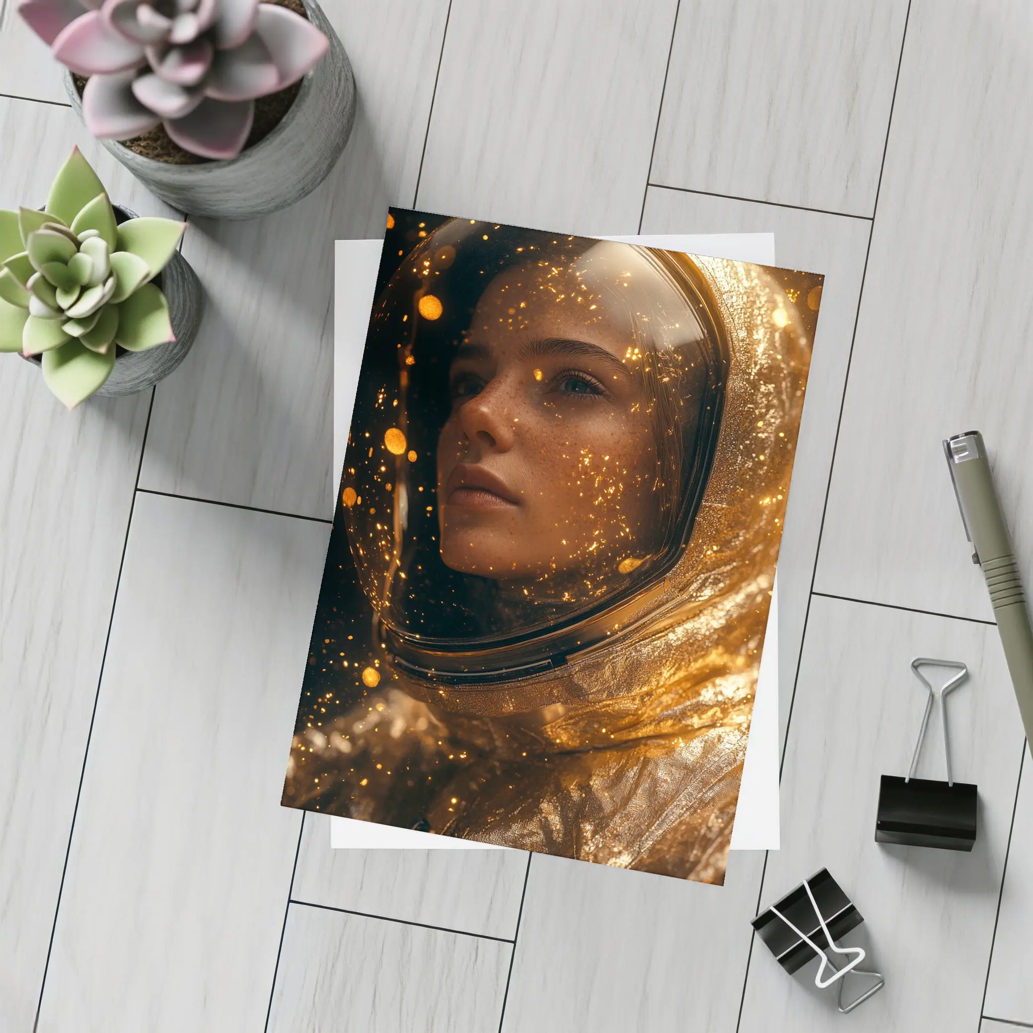 Woman Astronaut Golden Cosmic Glitter Portrait – Postcards