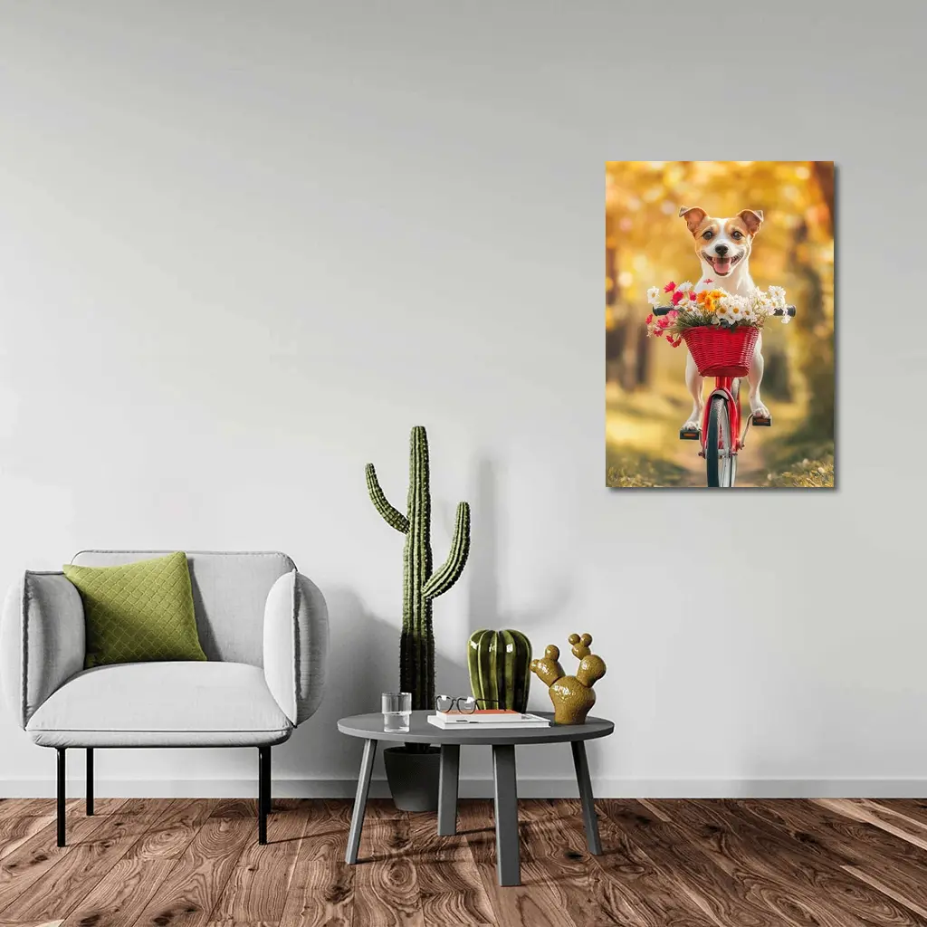 Jack Russell Terrier Riding Red Bicycle Flowers – Wall Art