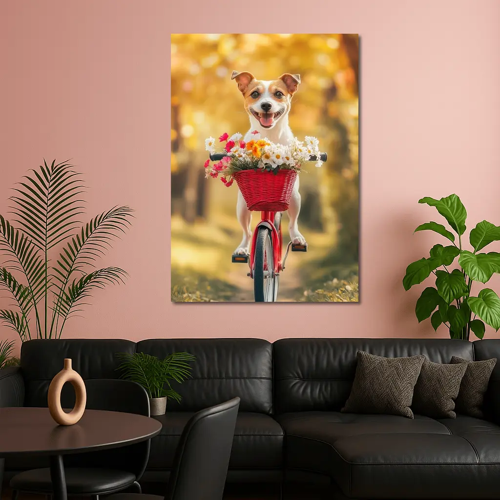 Jack Russell Terrier Riding Red Bicycle Flowers – Wall Art