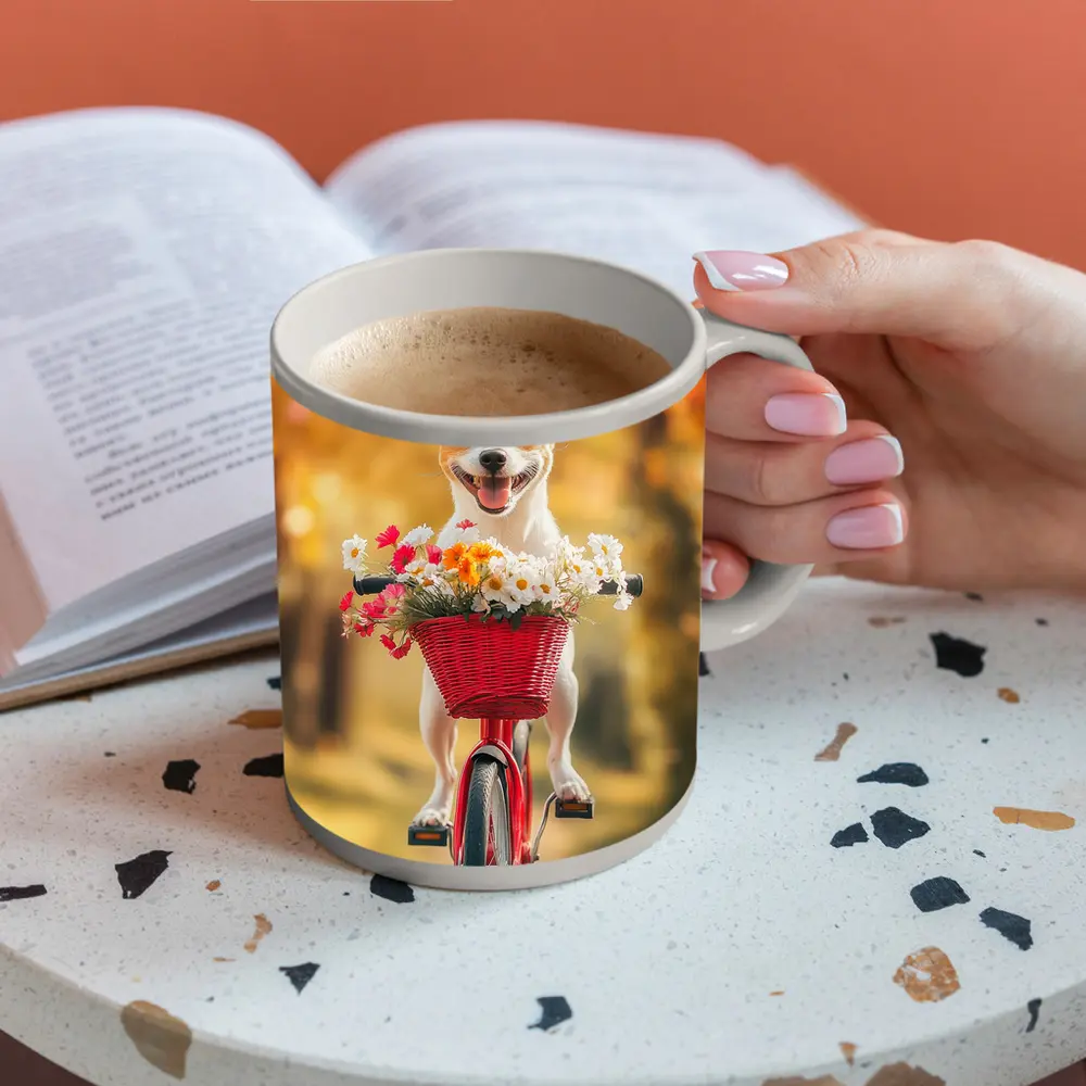 Jack Russell Terrier Riding Red Bicycle Flowers – Mugs