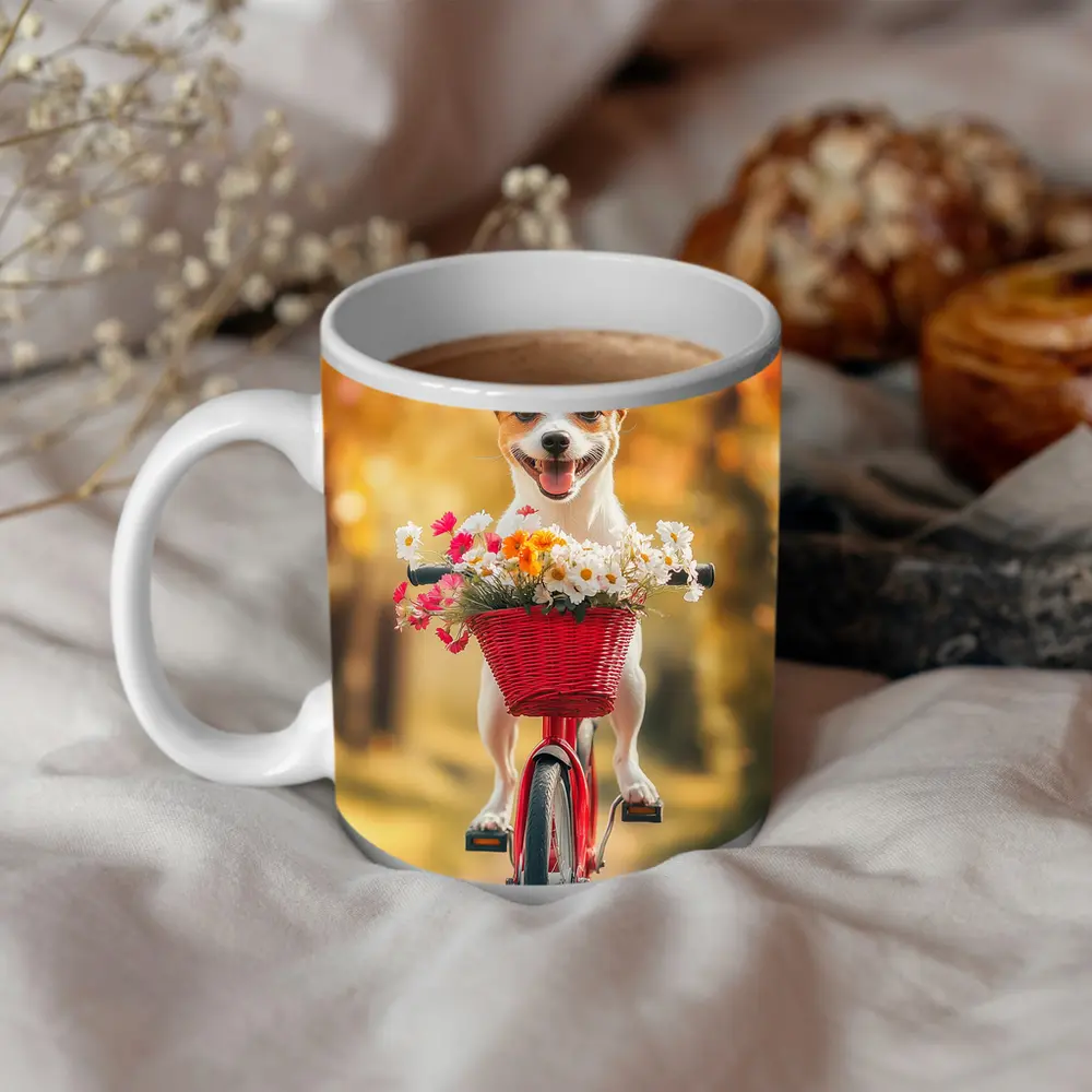 Jack Russell Terrier Riding Red Bicycle Flowers – Mugs