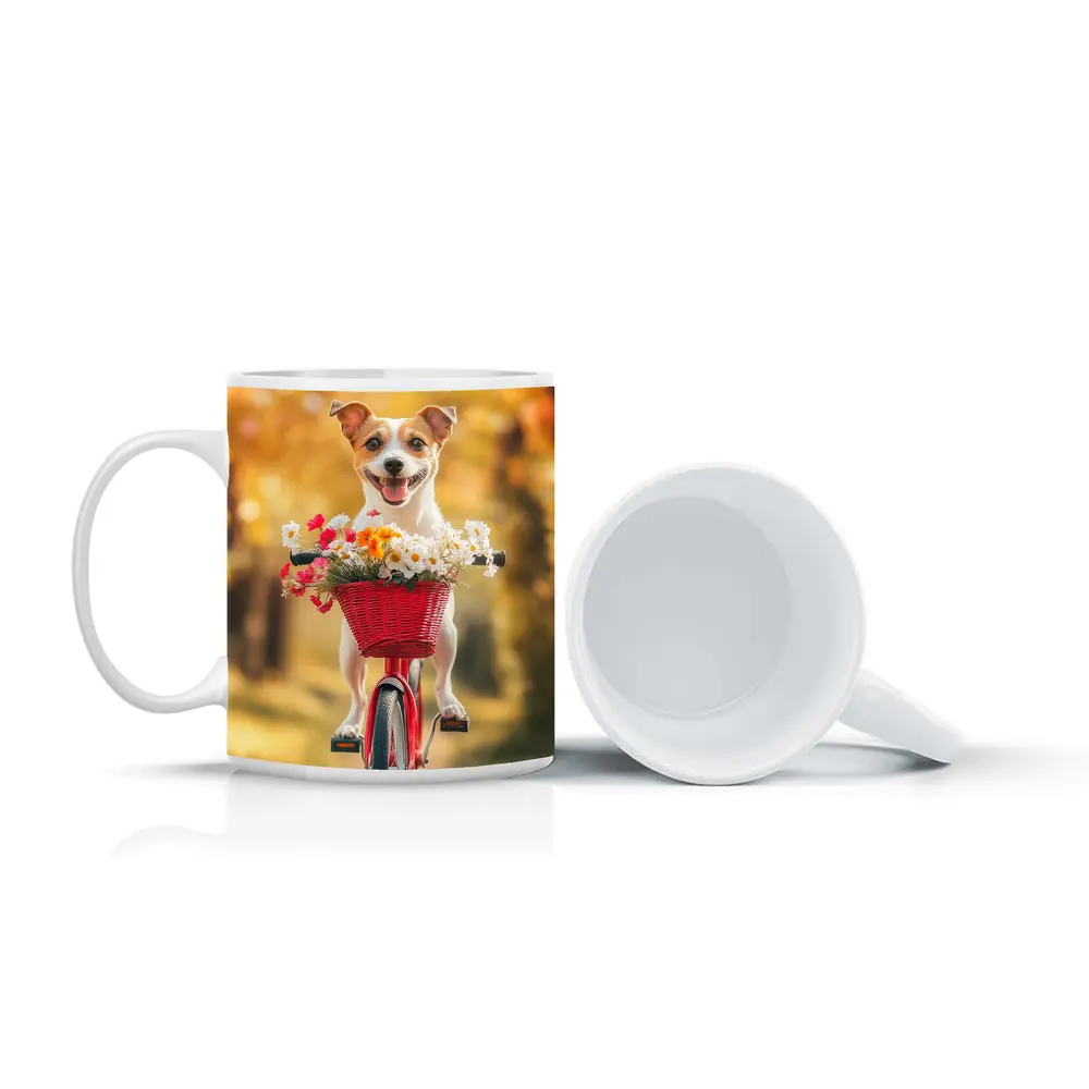Jack Russell Terrier Riding Red Bicycle Flowers – Mugs