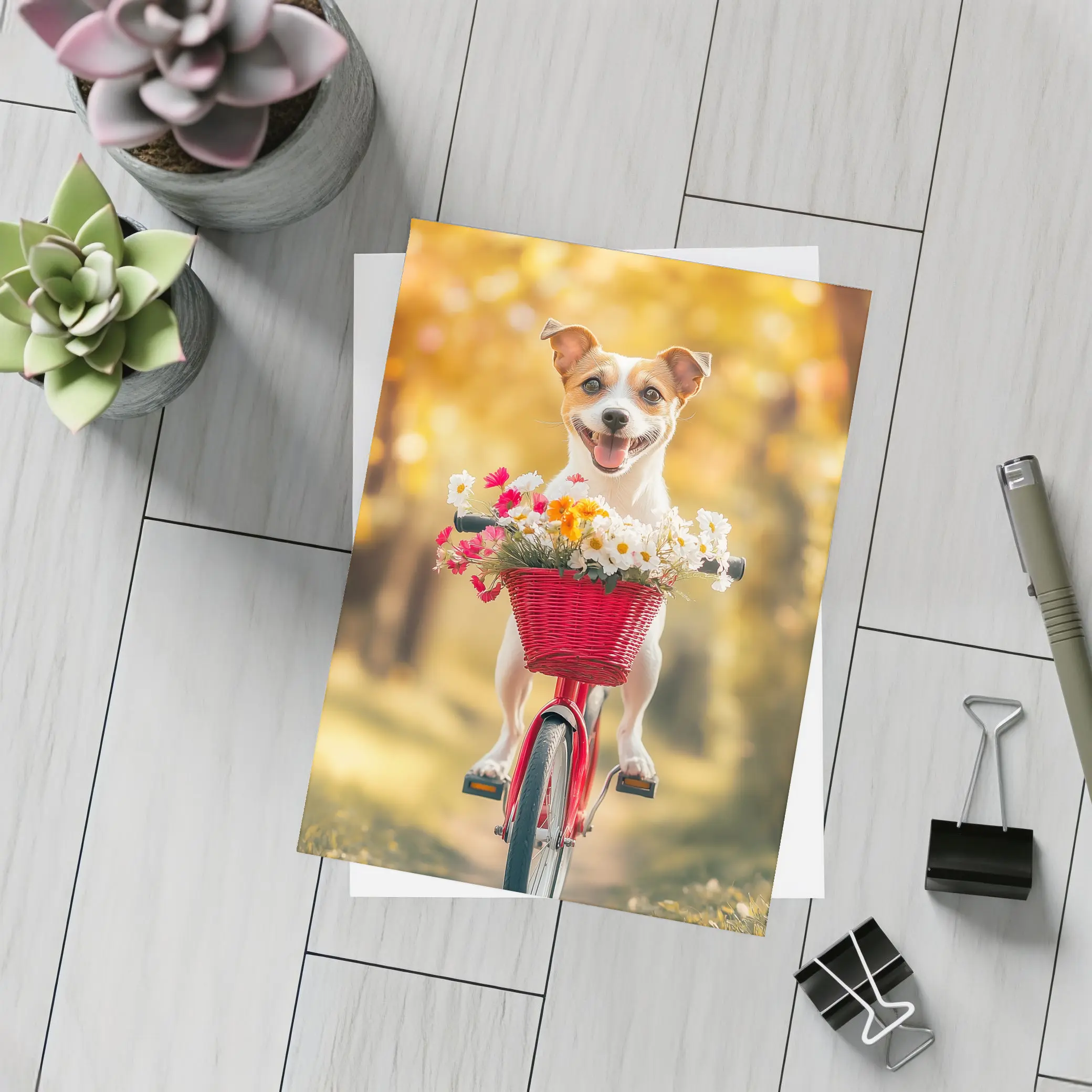 Jack Russell Terrier Riding Red Bicycle Flowers – Postcards