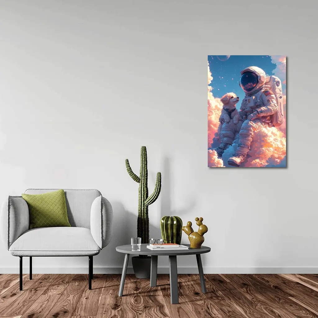 Astronaut and Dog Sitting on Clouds – Wall Art