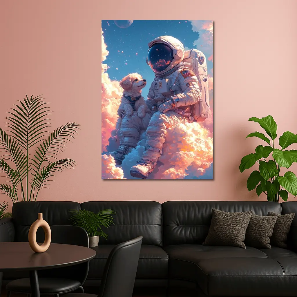 Astronaut and Dog Sitting on Clouds – Wall Art