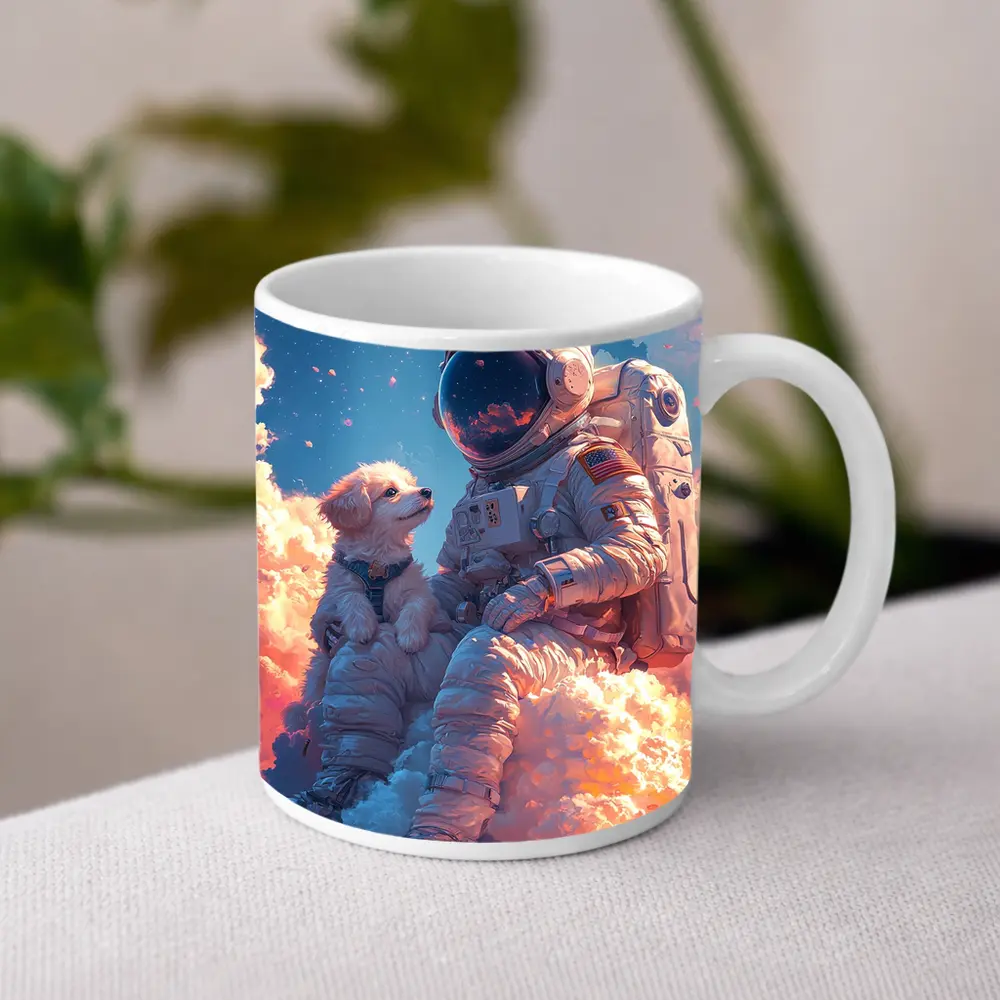 Astronaut and Dog Sitting on Clouds – Mugs