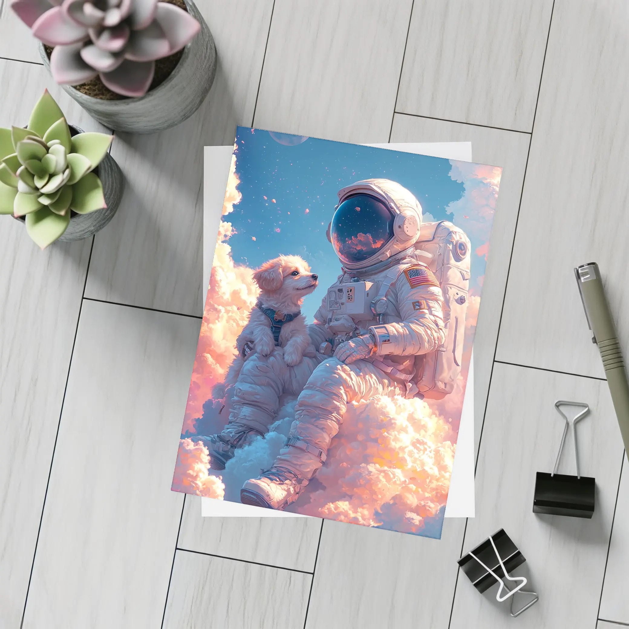 Astronaut and Dog Sitting on Clouds – Postcards