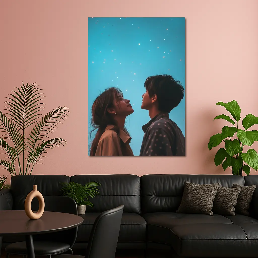 Couple Gazing Up at Starry Blue Sky – Wall Art
