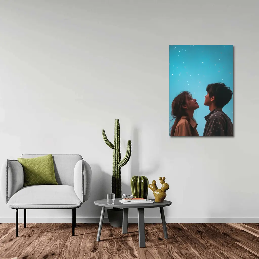 Couple Gazing Up at Starry Blue Sky – Wall Art