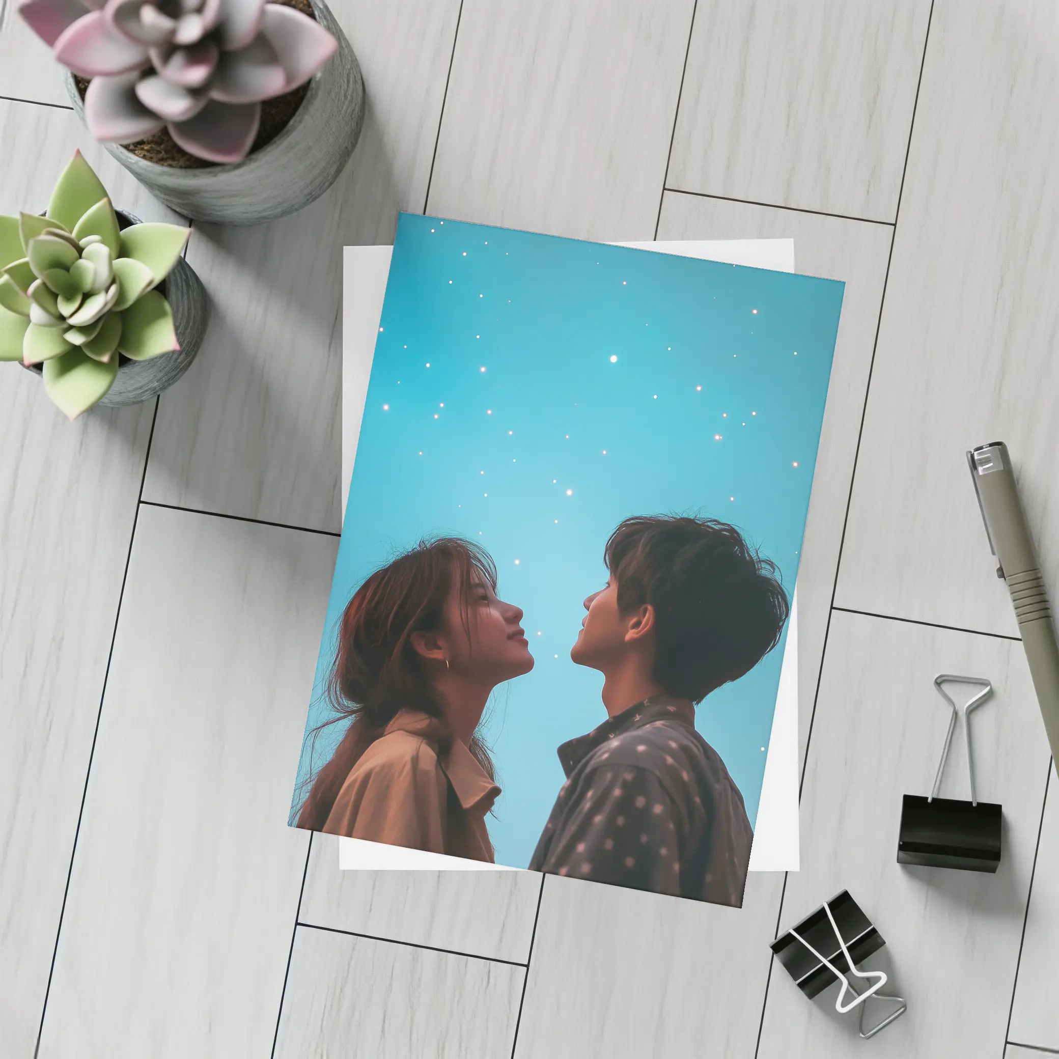 Couple Gazing Up at Starry Blue Sky – Postcards