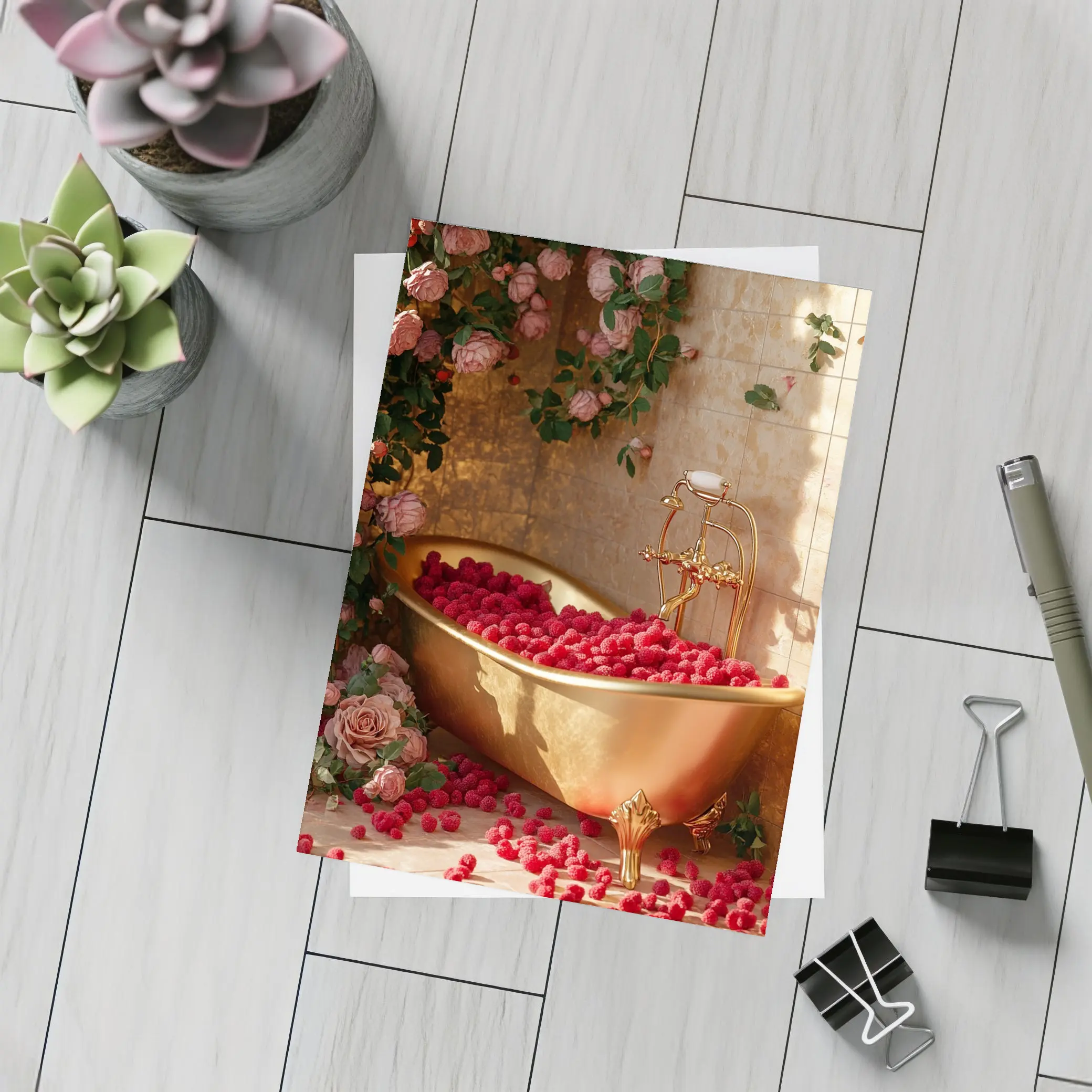 Gold Bathtub Roses Raspberries Luxury Interior – Postcards