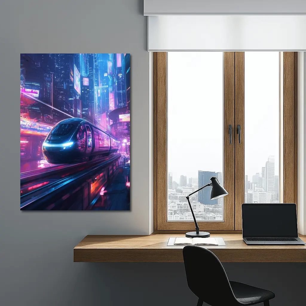 Futuristic Train Speeding Through Neon Cyberpunk City – Wall Art