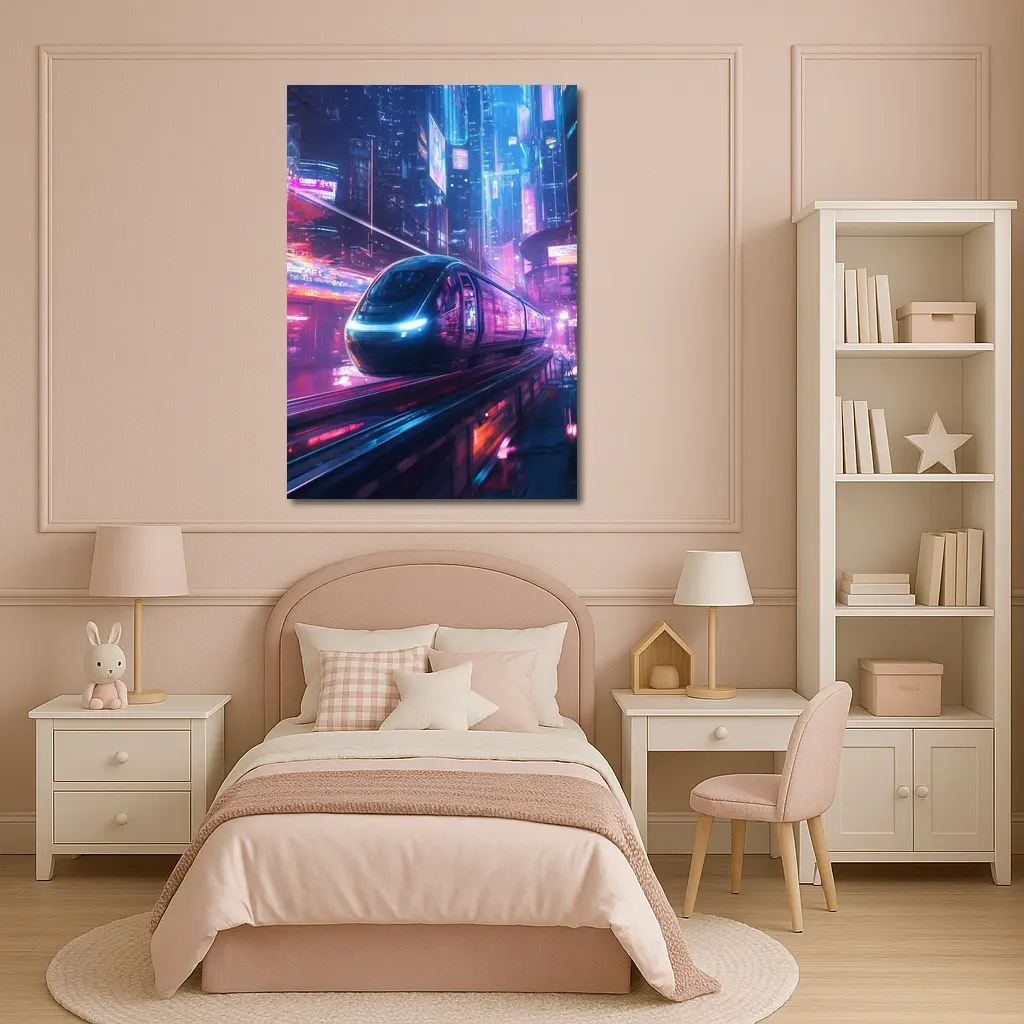 Futuristic Train Speeding Through Neon Cyberpunk City – Wall Art