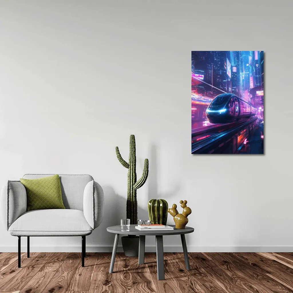 Futuristic Train Speeding Through Neon Cyberpunk City – Wall Art