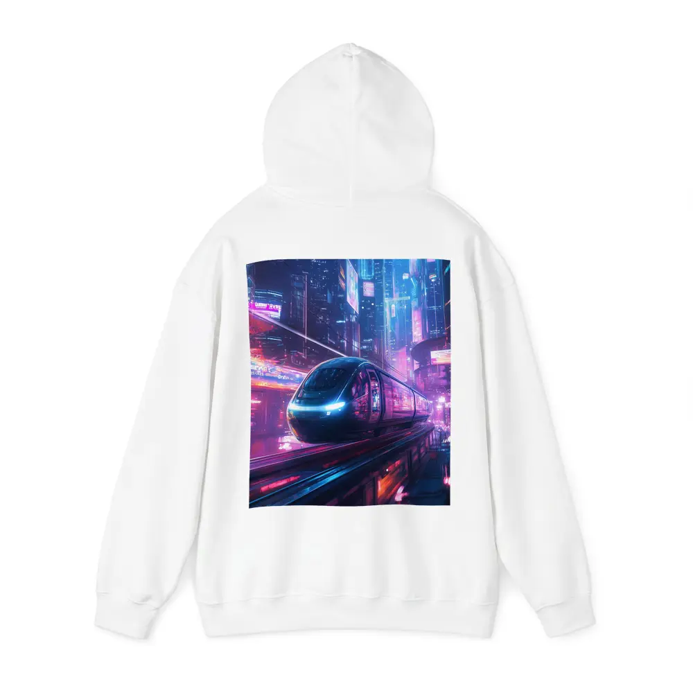 Futuristic Train Speeding Through Neon Cyberpunk City – Hoodies